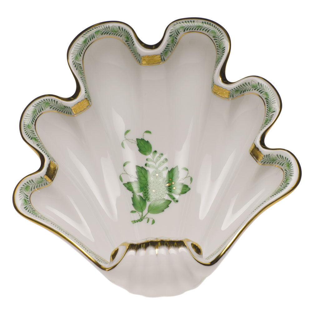 Hand-painted Herend Chinese Bouquet Green Large Shell Dish Decorative Plate in fine porcelain, 9in L X 8.75in W, on a white background