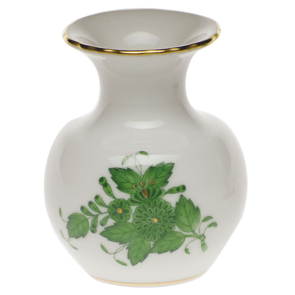 Hand-painted Herend Chinese Bouquet Green Medium Bud Vase with Lip in fine porcelain, 2.25in L X 2.25in W X 2.75in H, on a white background