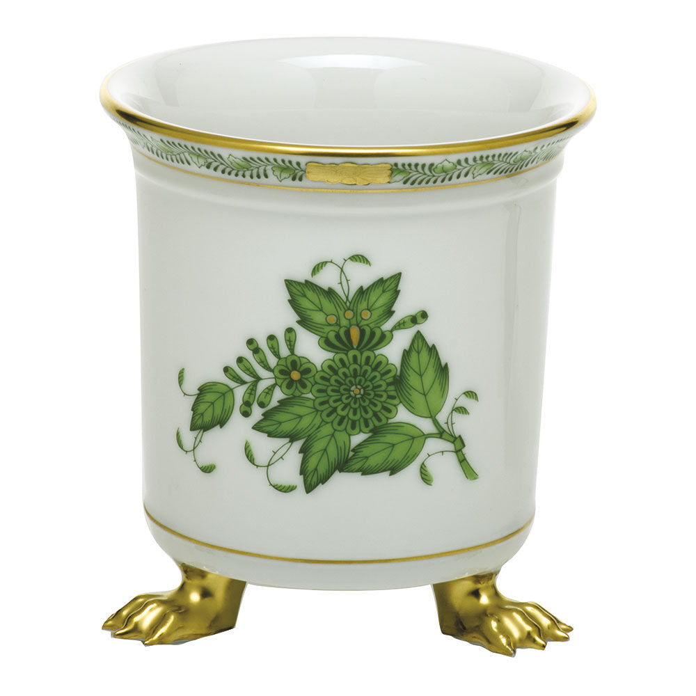 Hand-painted Herend Chinese Bouquet Green Mini Cachepot with Feet in fine porcelain, 3.75in L X 4in H, on a white background