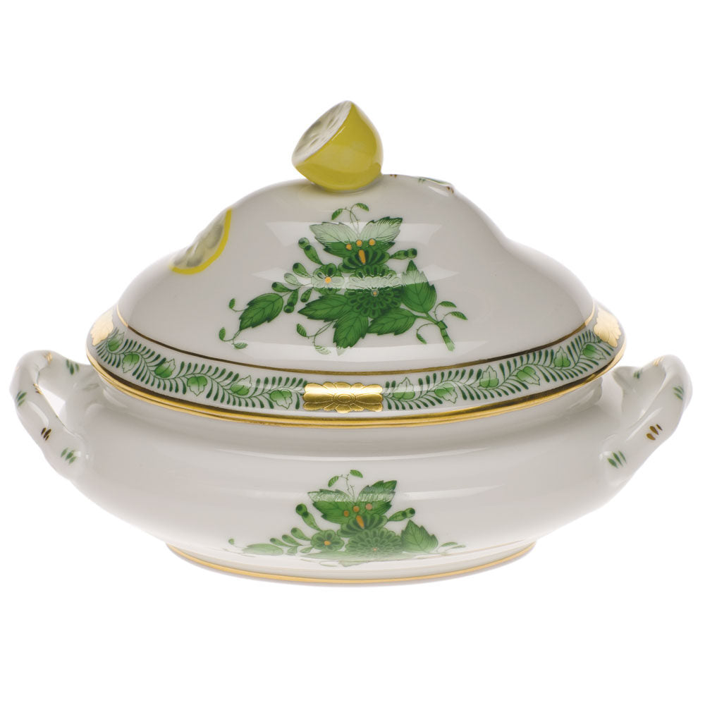 Hand-painted Herend Chinese Bouquet Green Mini Tureen with Lemon Candy Dish in fine porcelain, 5in L X 4in H, on a white background