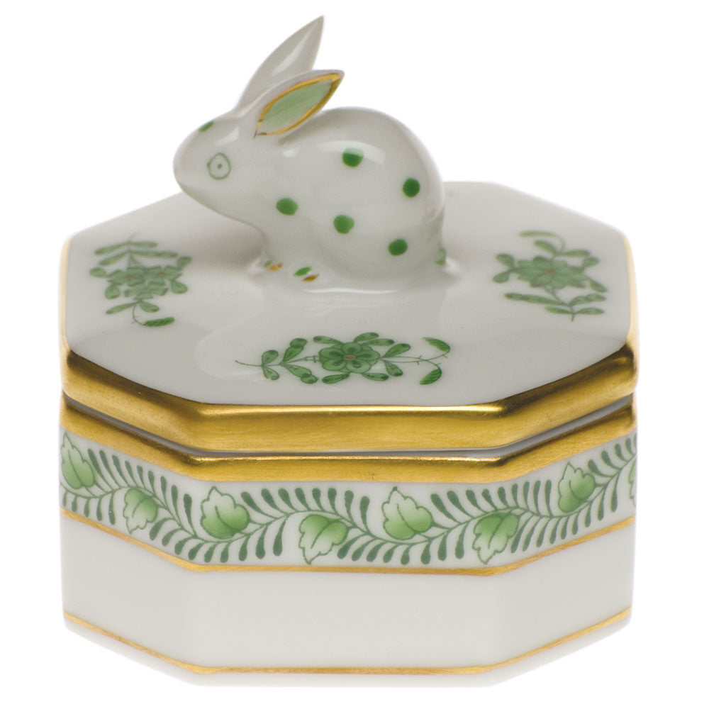 Hand-painted Herend Chinese Bouquet Green Petite Octagonal Box in fine porcelain, 2in L X 2in H, on a white background