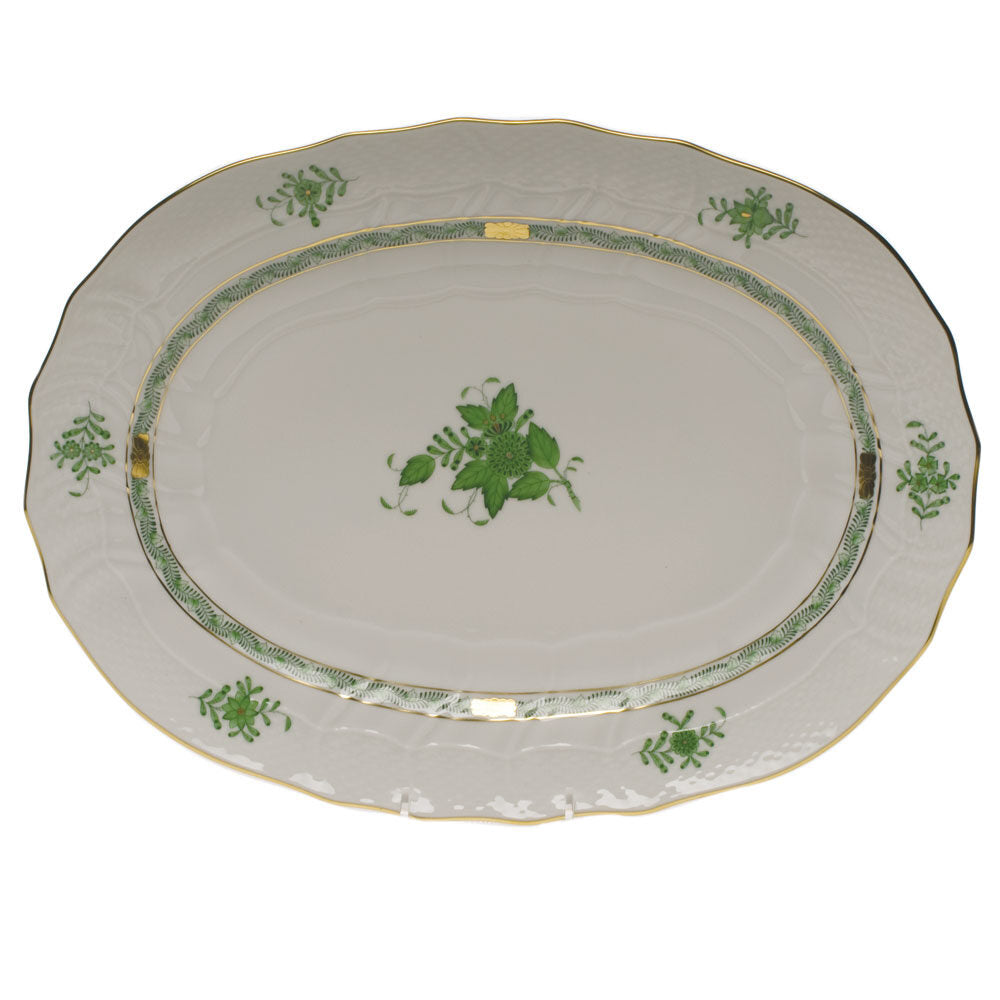 Hand-painted Herend Chinese Bouquet Green Platter in fine porcelain, 17in L X 12.5in W, on a white background