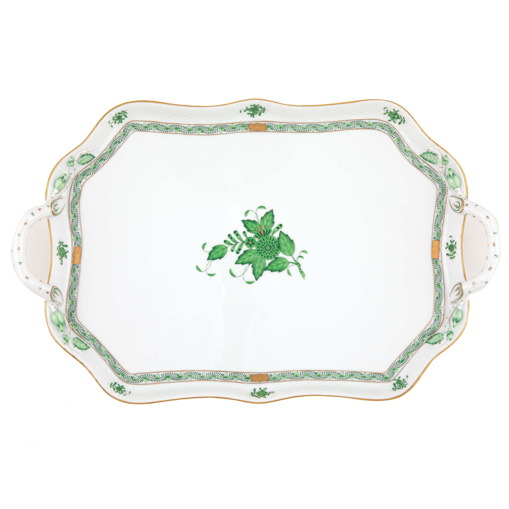 Hand-painted Herend Chinese Bouquet Green Rec Tray with Branch Handles in fine porcelain, 18in L, on a white background