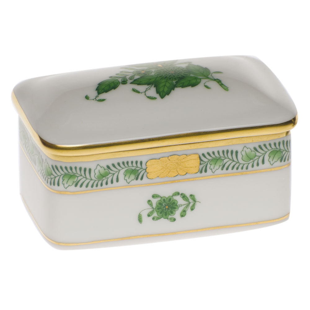 Hand-painted Herend Chinese Bouquet Green Rectangular Box in fine porcelain, 3in L X 2in W, on a white background