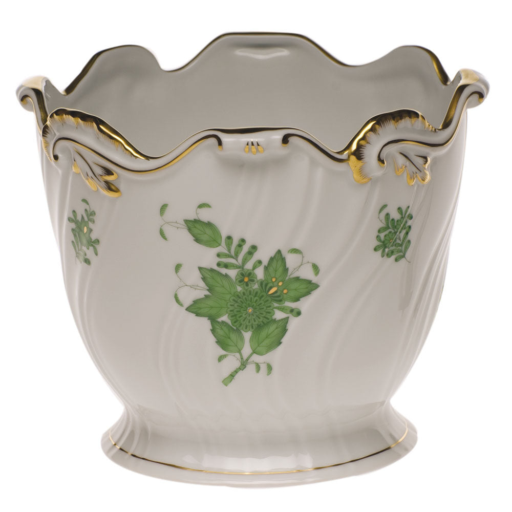 Hand-painted Herend Chinese Bouquet Green Ribbed Cachepot in fine porcelain, 6.25in H X 7in D, on a white background