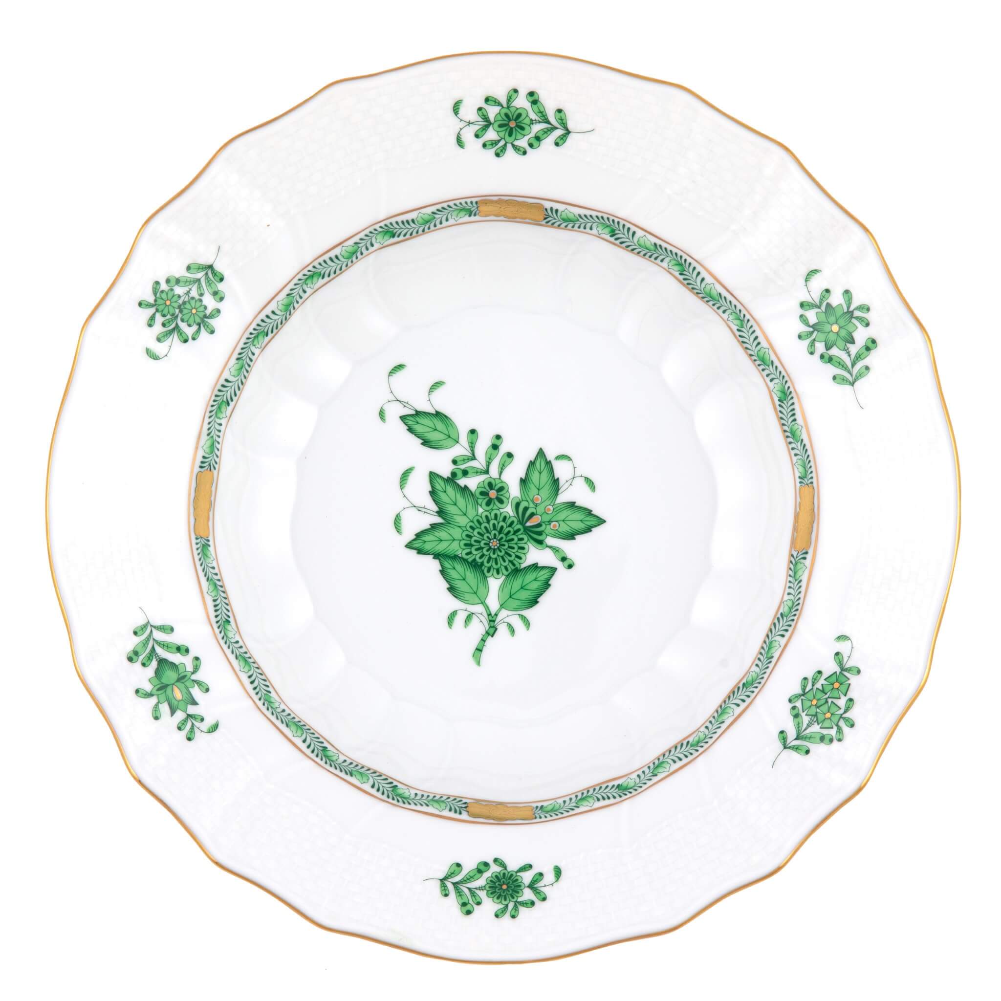 Hand-painted Herend Chinese Bouquet Green Rim Soup Soup Plates & Rimmed Soup Bowl in fine porcelain, 9.5in D, on a white background