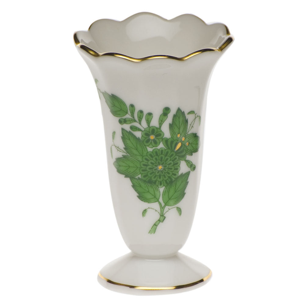 Hand-painted Herend Chinese Bouquet Green Scalloped Bud Vase in fine porcelain, 2.5in H, on a white background