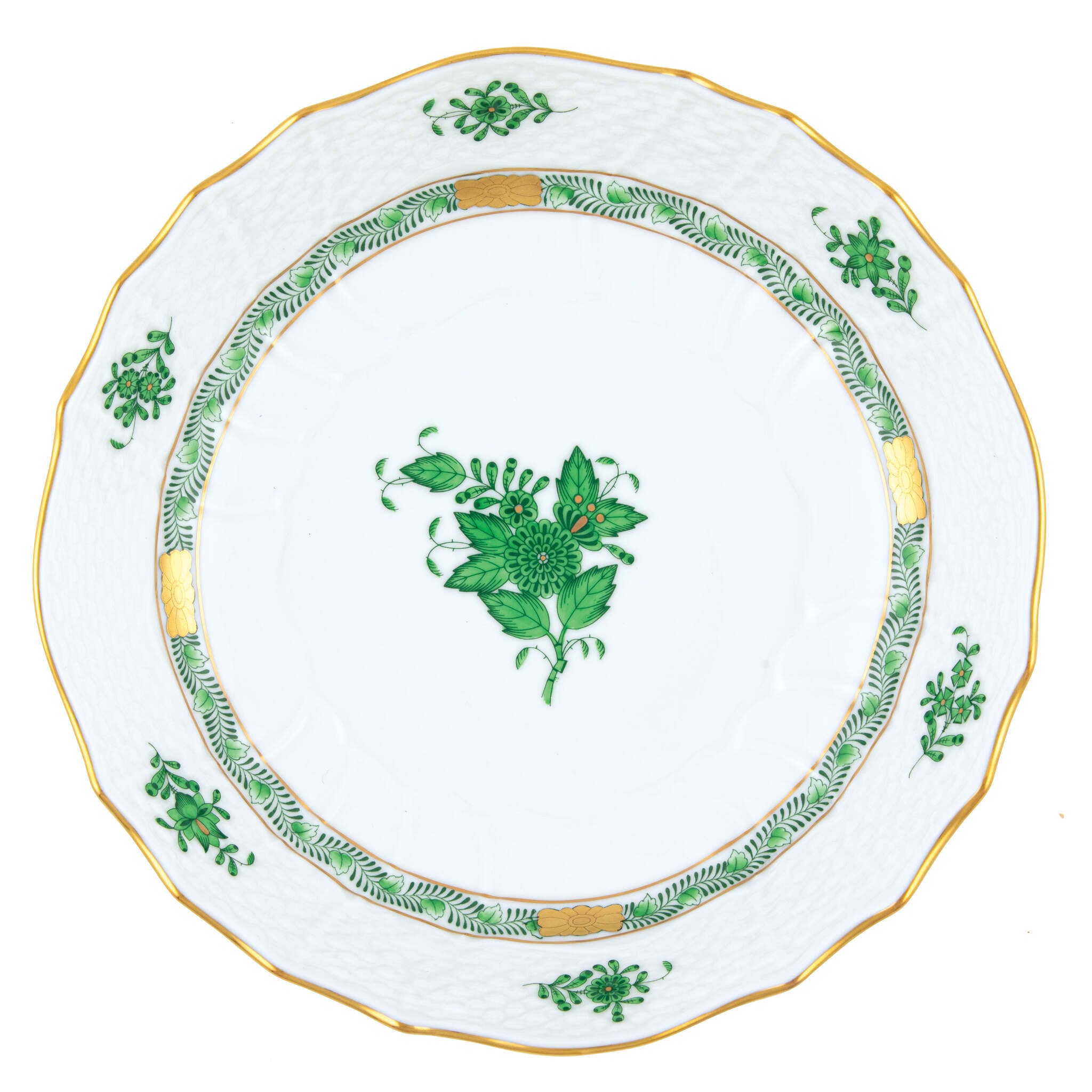 Hand-painted Herend Chinese Bouquet Green Scalloped Dinner Bowl in fine porcelain, 8in D X 2in H, on a white background