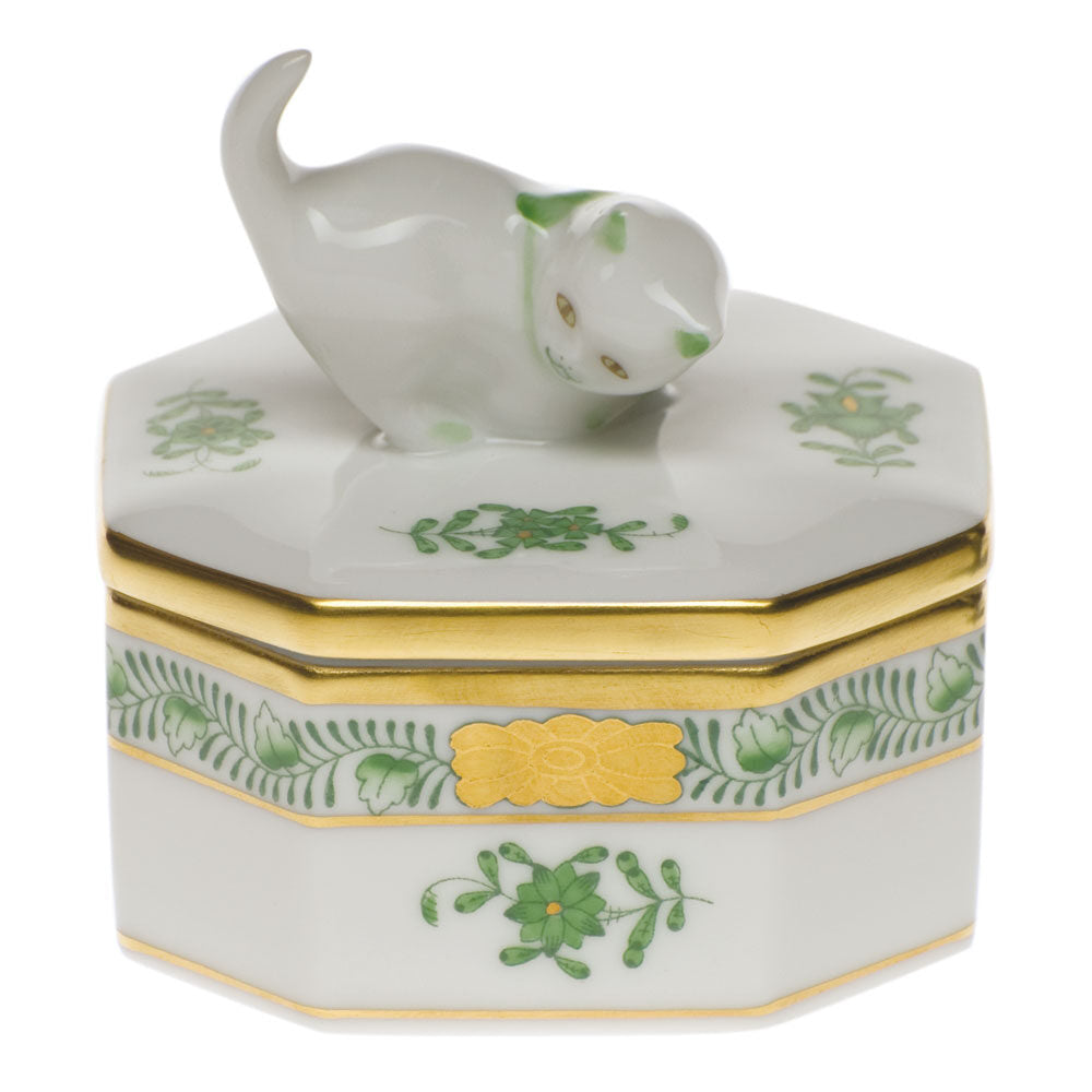 Hand-painted Herend Chinese Bouquet Green Small Octagonal Box - Cat in fine porcelain, 2.5in L X 2.5in W, on a white background
