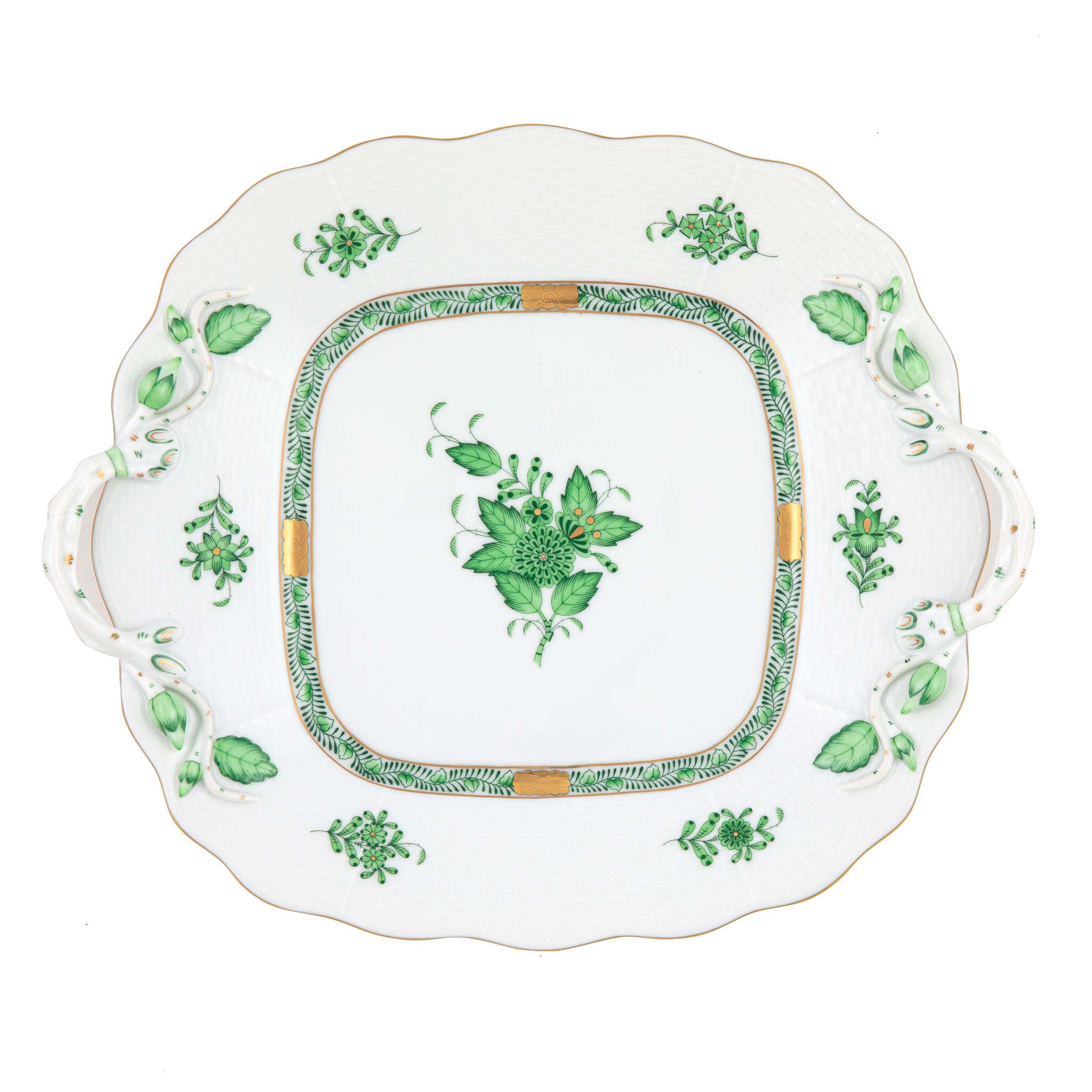 Hand-painted Herend Chinese Bouquet Green Square Cake Plate with Handles in fine porcelain, 9.5in SQ, on a white background