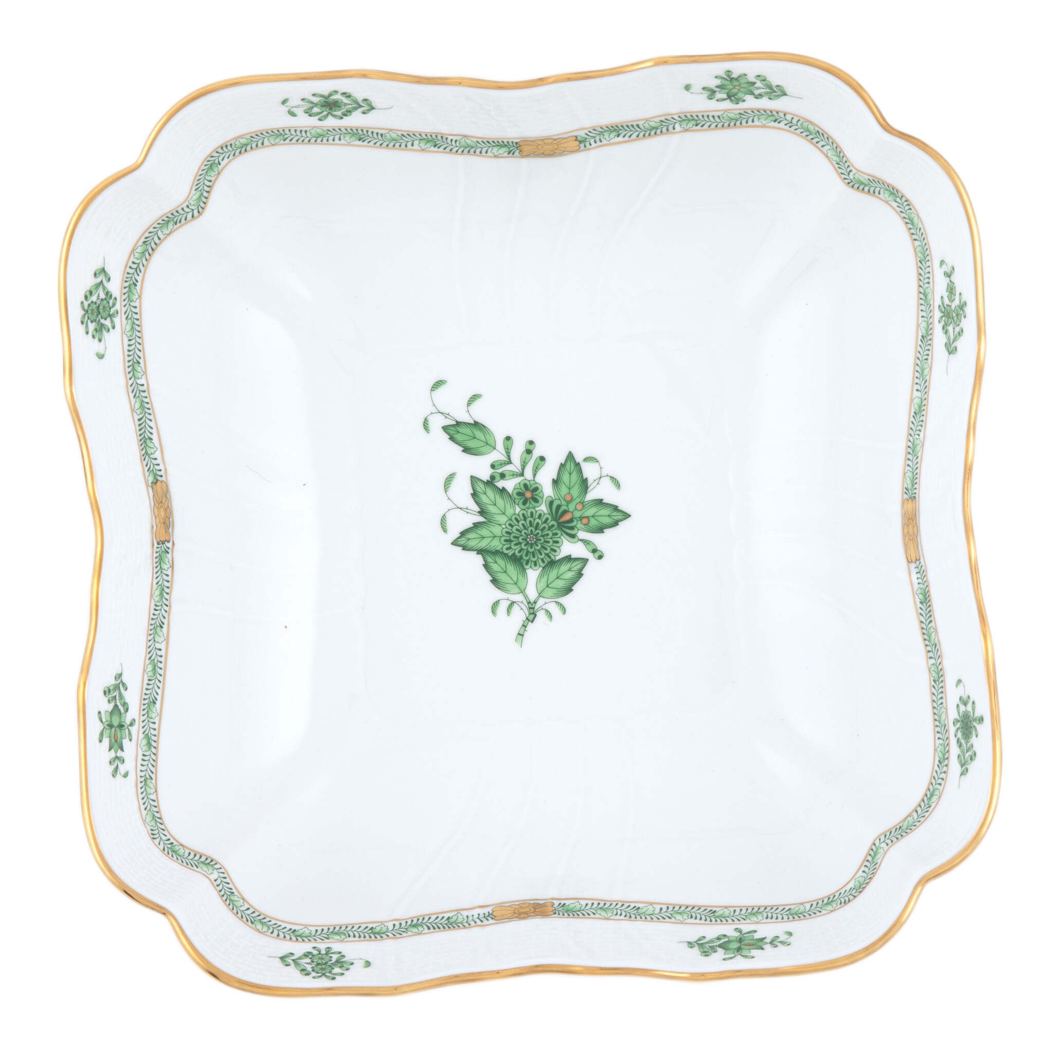 Hand-painted Herend Chinese Bouquet Green Square Salad Bowl in fine porcelain, 10in SQ, on a white background