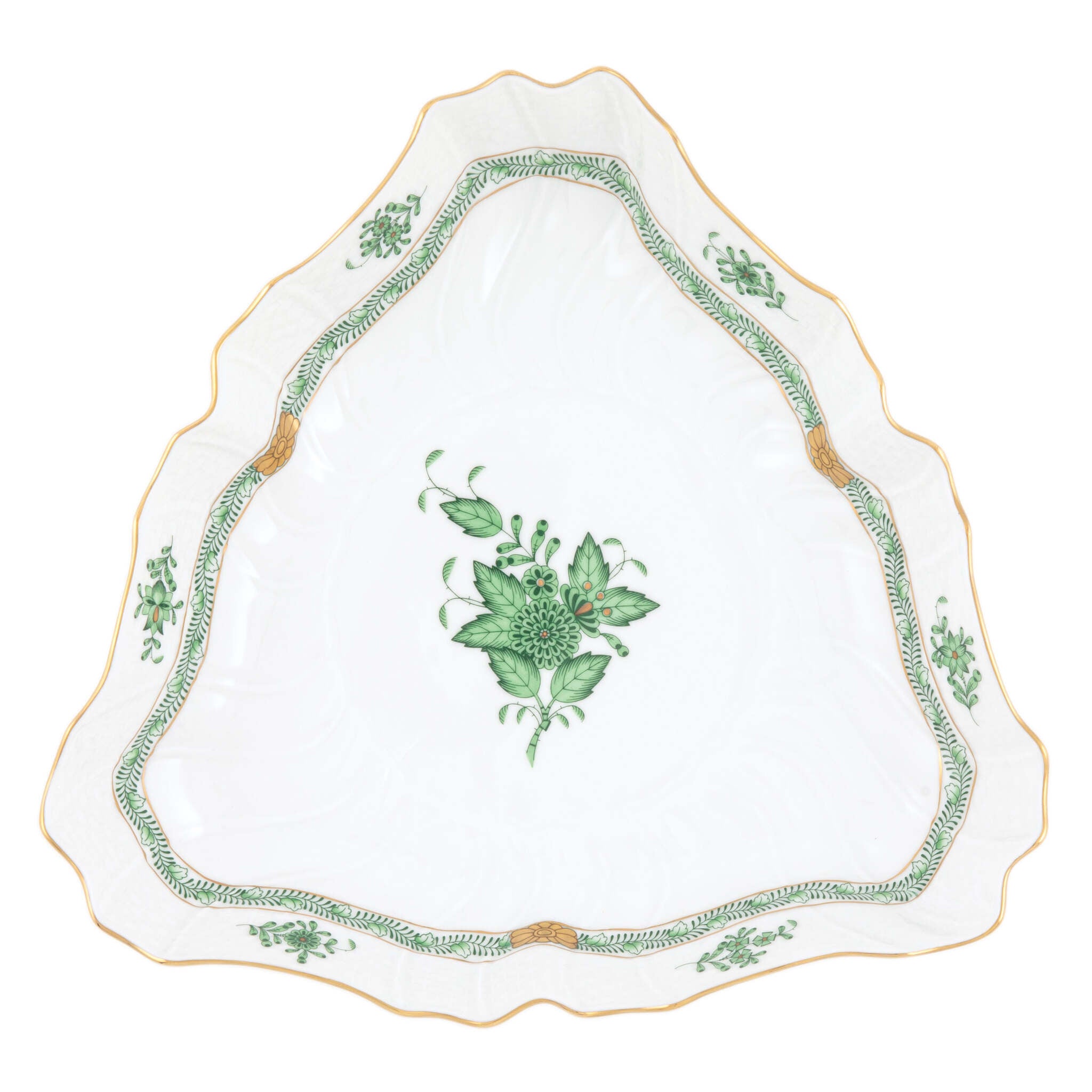 Hand-painted Herend Chinese Bouquet Green Triangle Dish in fine porcelain, 9.5in L, on a white background