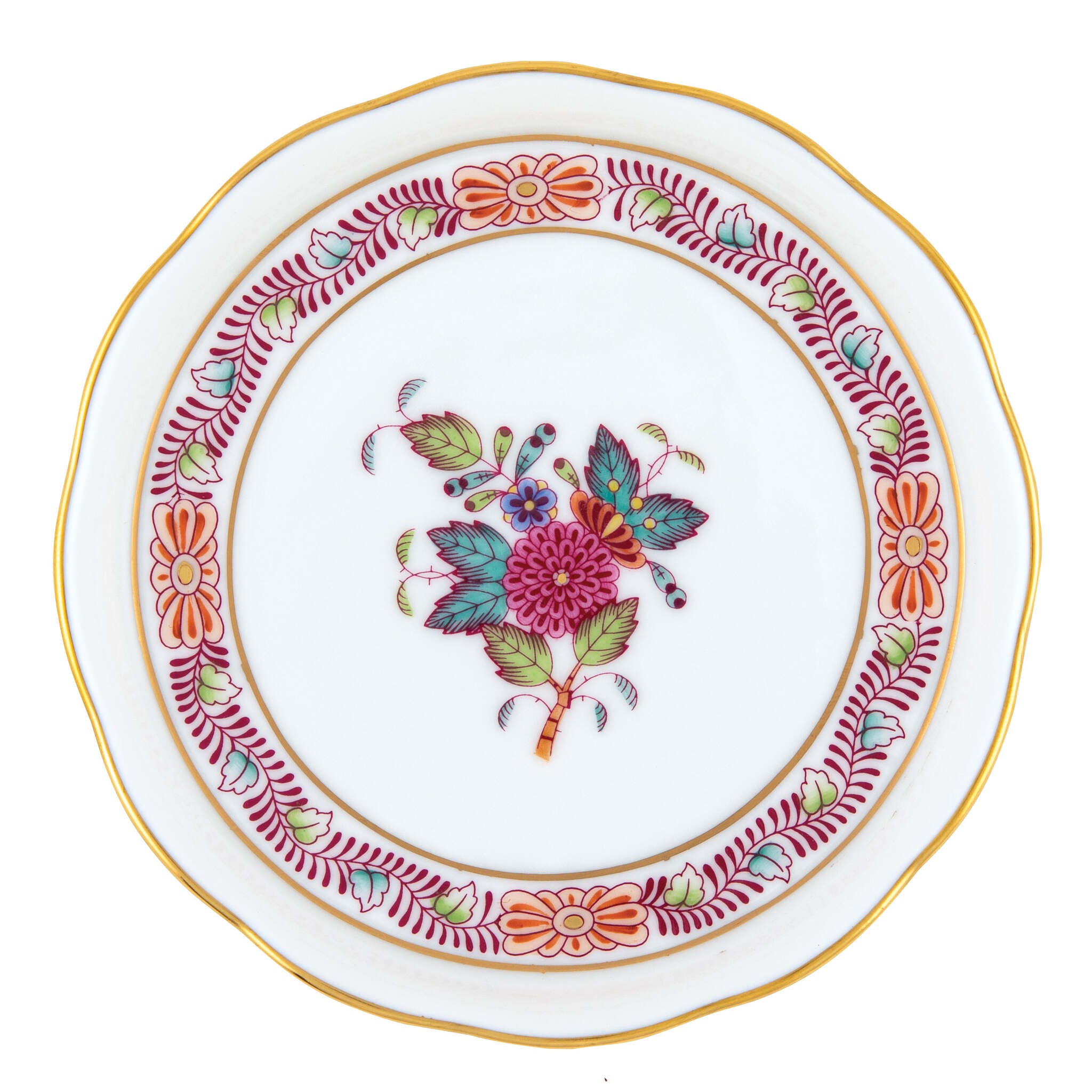Hand-painted Herend Chinese Bouquet Multicolor Coaster in fine porcelain, 4in D, on a white background