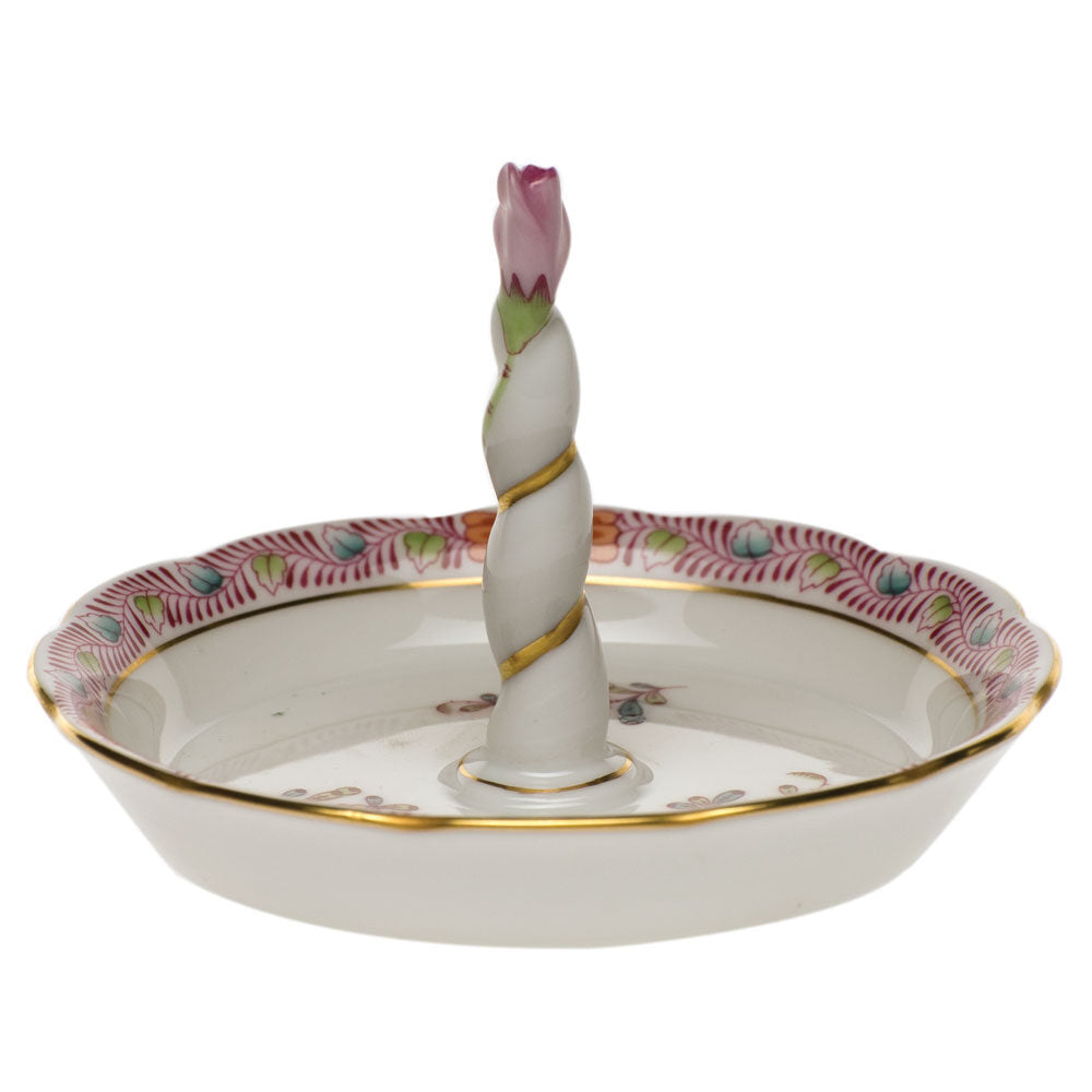 Hand-painted Herend Chinese Bouquet Multicolor Ring Holder with Rose Bud Garnishment in fine porcelain, 4in L X 2.5in H, on a white background