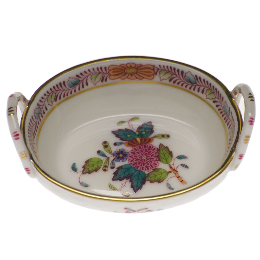 Hand-painted Herend Chinese Bouquet Multicolor Small Basket with Handles in fine porcelain, 2.75in L X 2.25in W, on a white background