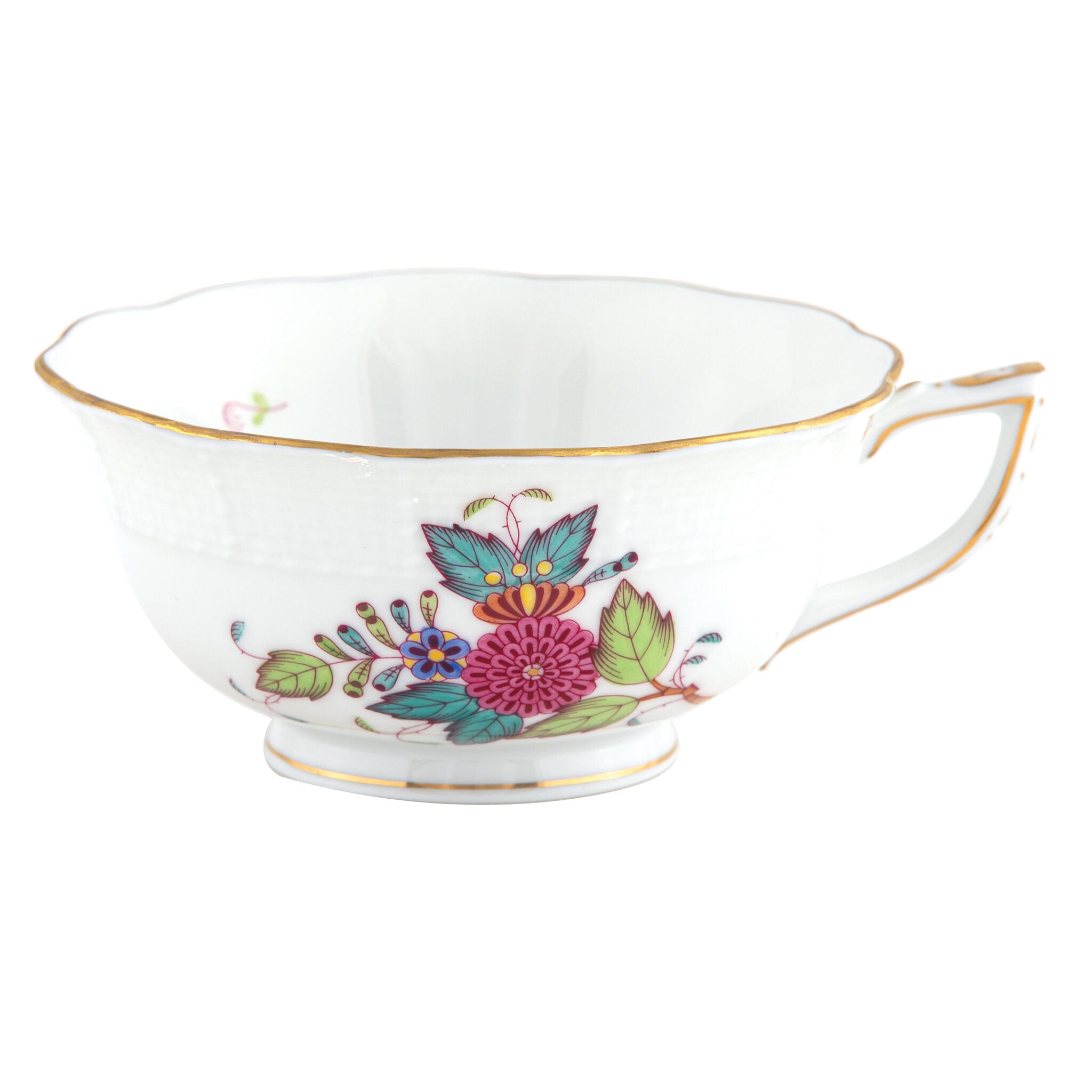 Hand-painted Herend Chinese Bouquet Multicolor Tea Cup Cup & Saucer Set in fine porcelain, on a white background