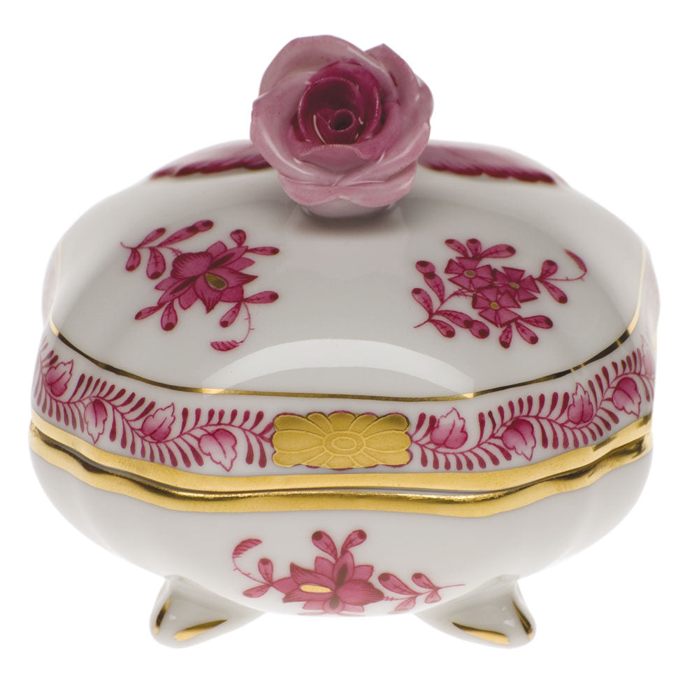 Hand-painted Herend Chinese Bouquet Raspberry Covered Bonbon with Rose Candy Dish in fine porcelain, 3in SQ, on a white background