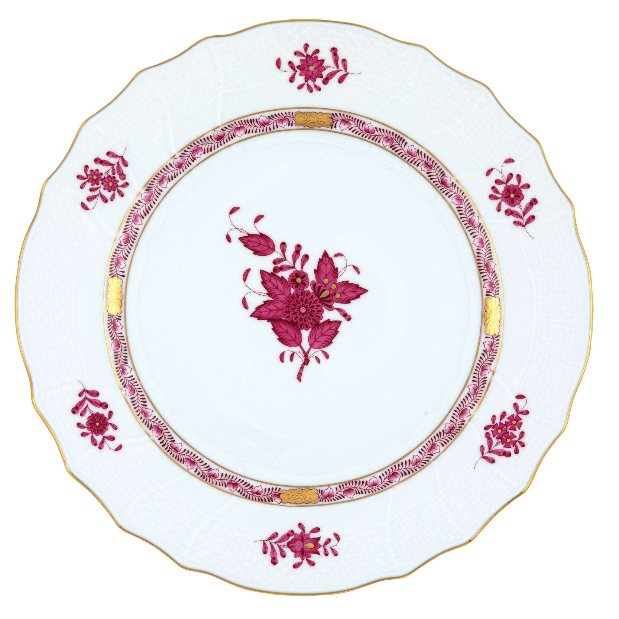 Hand-painted Herend Chinese Bouquet Raspberry Dinner Plate in fine porcelain, 10.5in D, on a white background