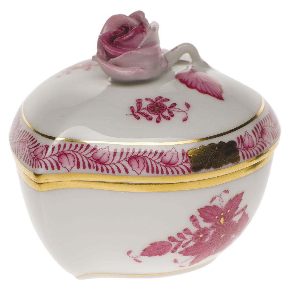 Hand-painted Herend Chinese Bouquet Raspberry Heart Bonbon with Rose Candy Dish in fine porcelain, 3in L X 2in H, on a white background