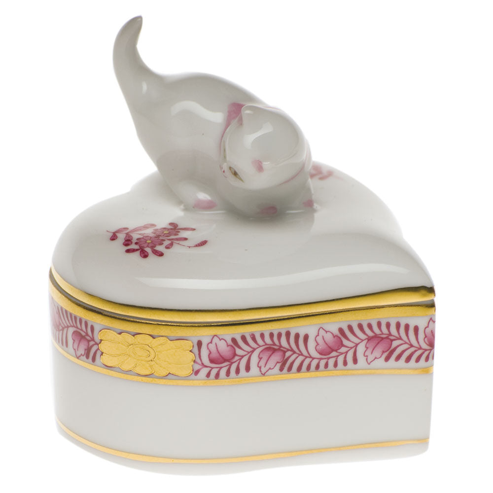 Hand-painted Herend Chinese Bouquet Raspberry Heart Box with Cat in fine porcelain, 2.25in L X 2.25in W, on a white background