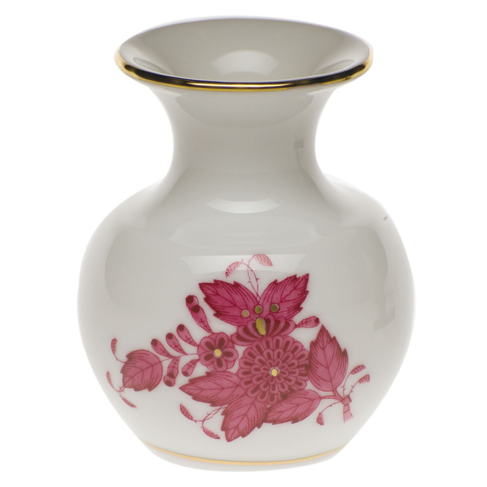 Hand-painted Herend Chinese Bouquet Raspberry Medium Bud Vase with Lip in fine porcelain, 2.25in L X 2.25in W X 2.75in H, on a white background