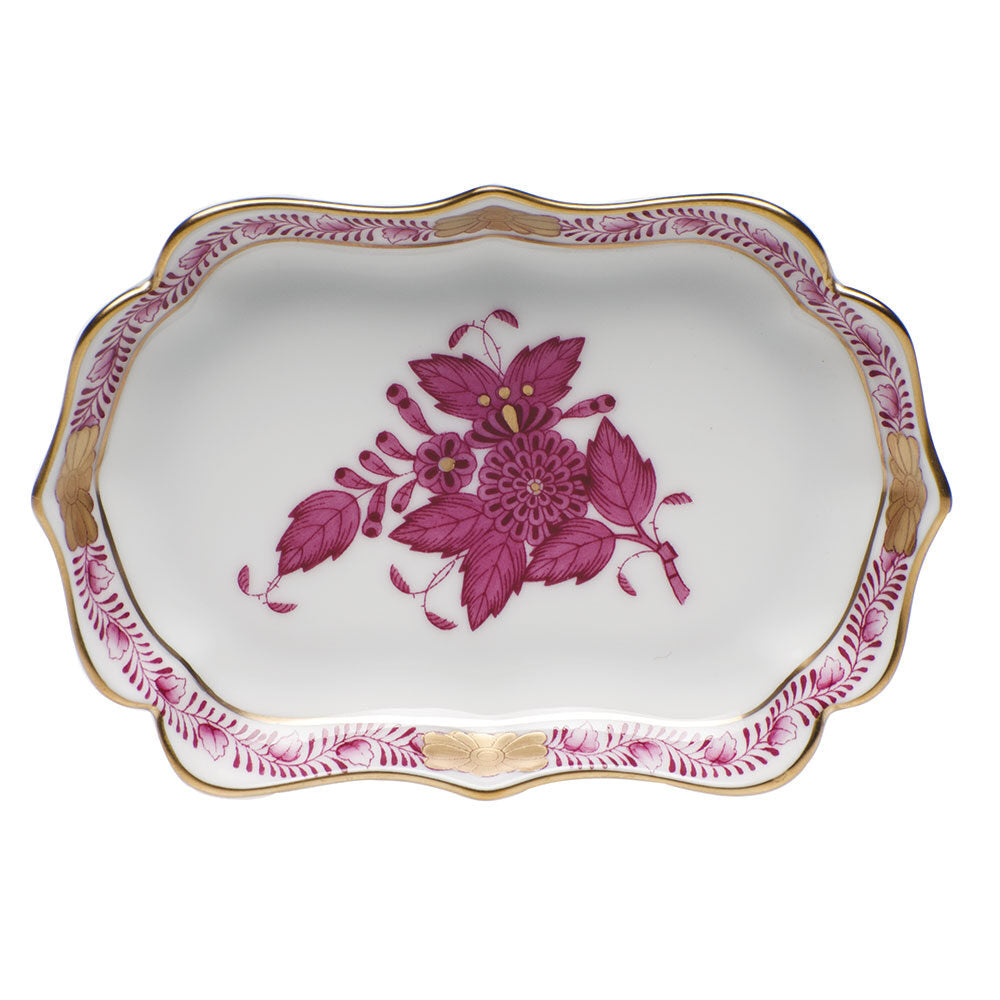 Hand-painted Herend Chinese Bouquet Raspberry Mini Scalloped Tray Decorative Plate in fine porcelain, 4.25in L X 3in W, on a white background