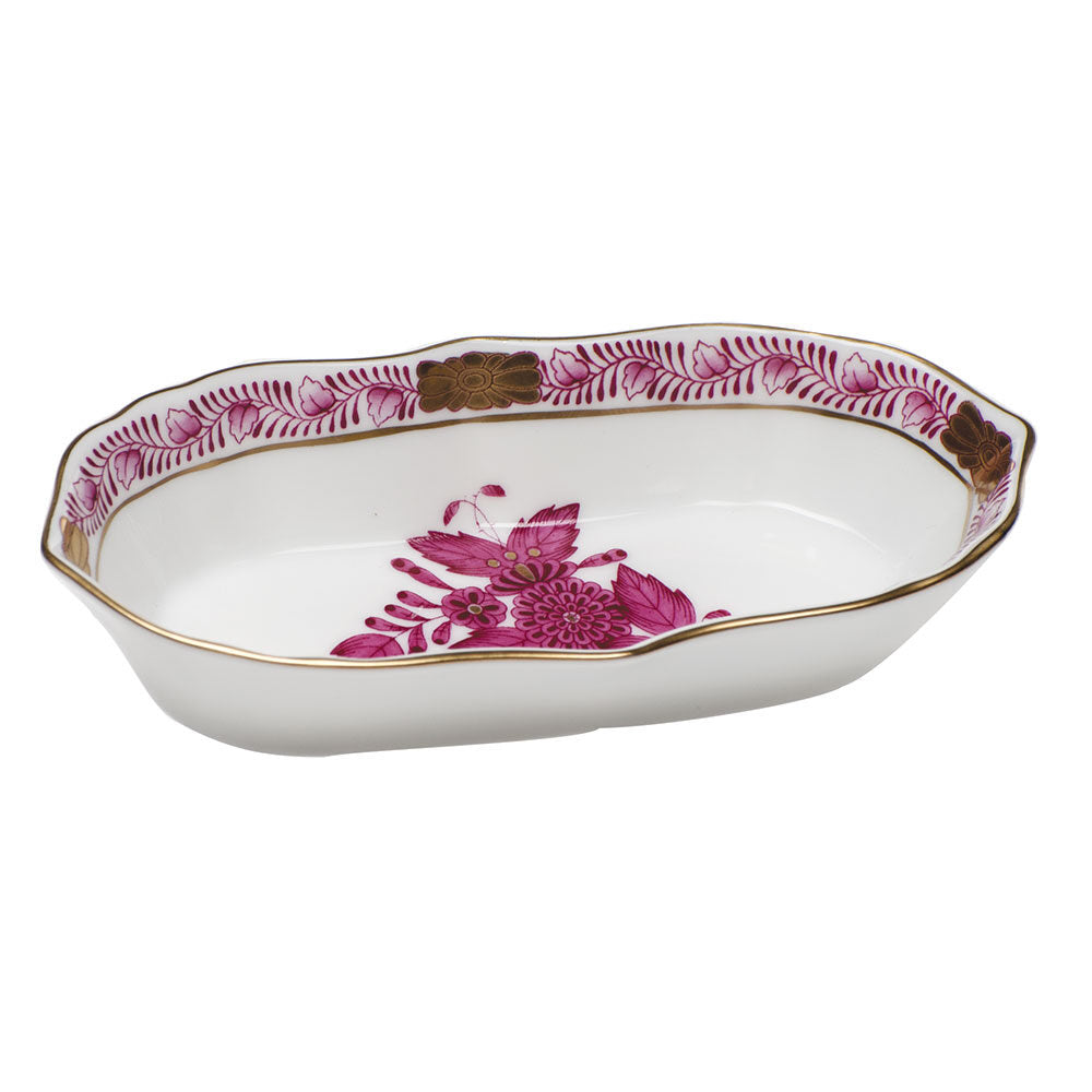 Hand-painted Herend Chinese Bouquet Raspberry Narrow Pin Dish Decorative Plate in fine porcelain, 5in L X 1in H, on a white background