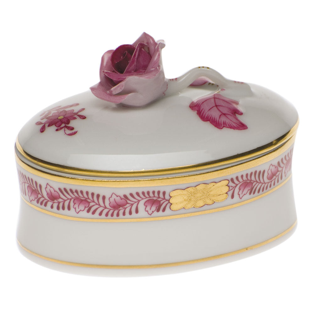 Hand-painted Herend Chinese Bouquet Raspberry Oval Box with Rose in fine porcelain, 2.75in L X 2in H, on a white background