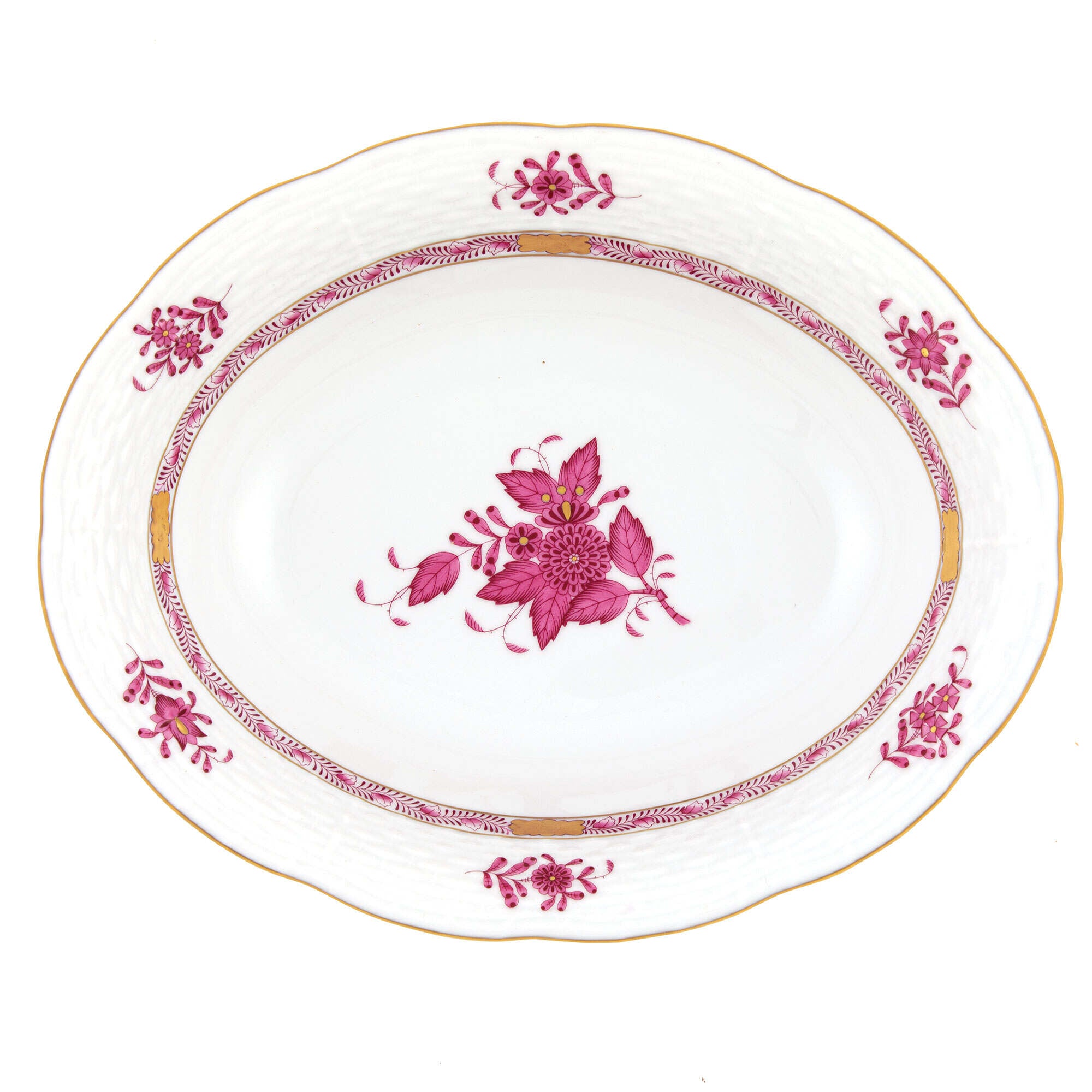 Hand-painted Herend Chinese Bouquet Raspberry Oval Vegetable Dish Serving Bowl in fine porcelain, 10in L X 8in W, on a white background