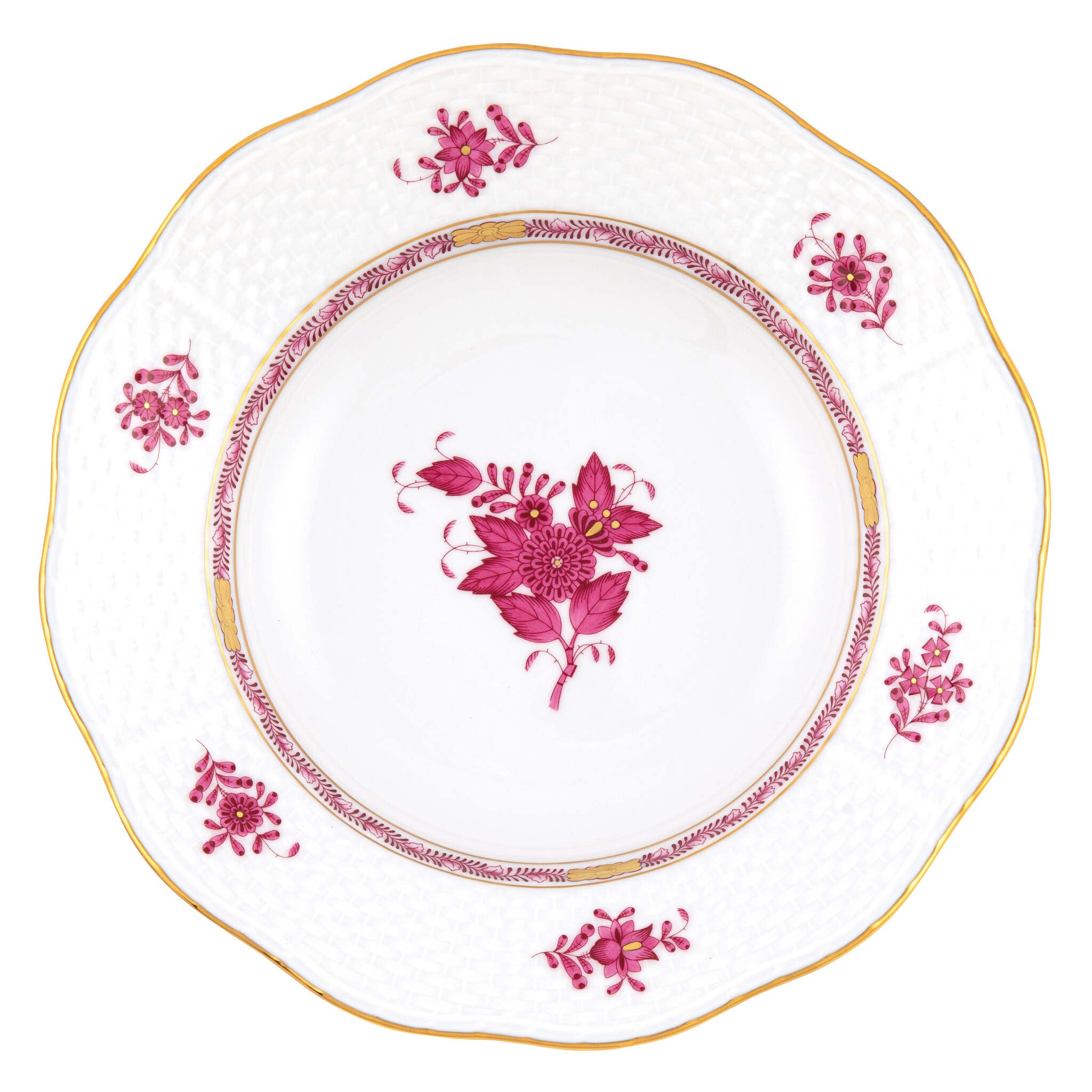 Hand-painted Herend Chinese Bouquet Raspberry Rim Soup Plate Soup Plates & Rimmed Soup Bowl in fine porcelain, 8in D, on a white background