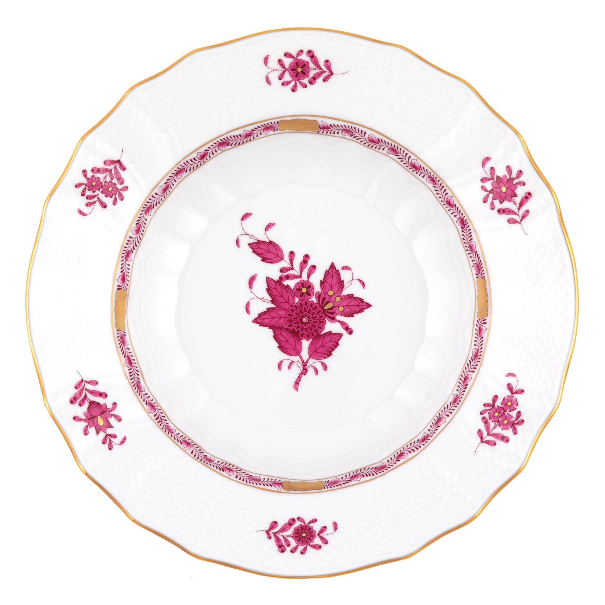 Hand-painted Herend Chinese Bouquet Raspberry Rim Soup Soup Plates & Rimmed Soup Bowl in fine porcelain, 9.5in D, on a white background