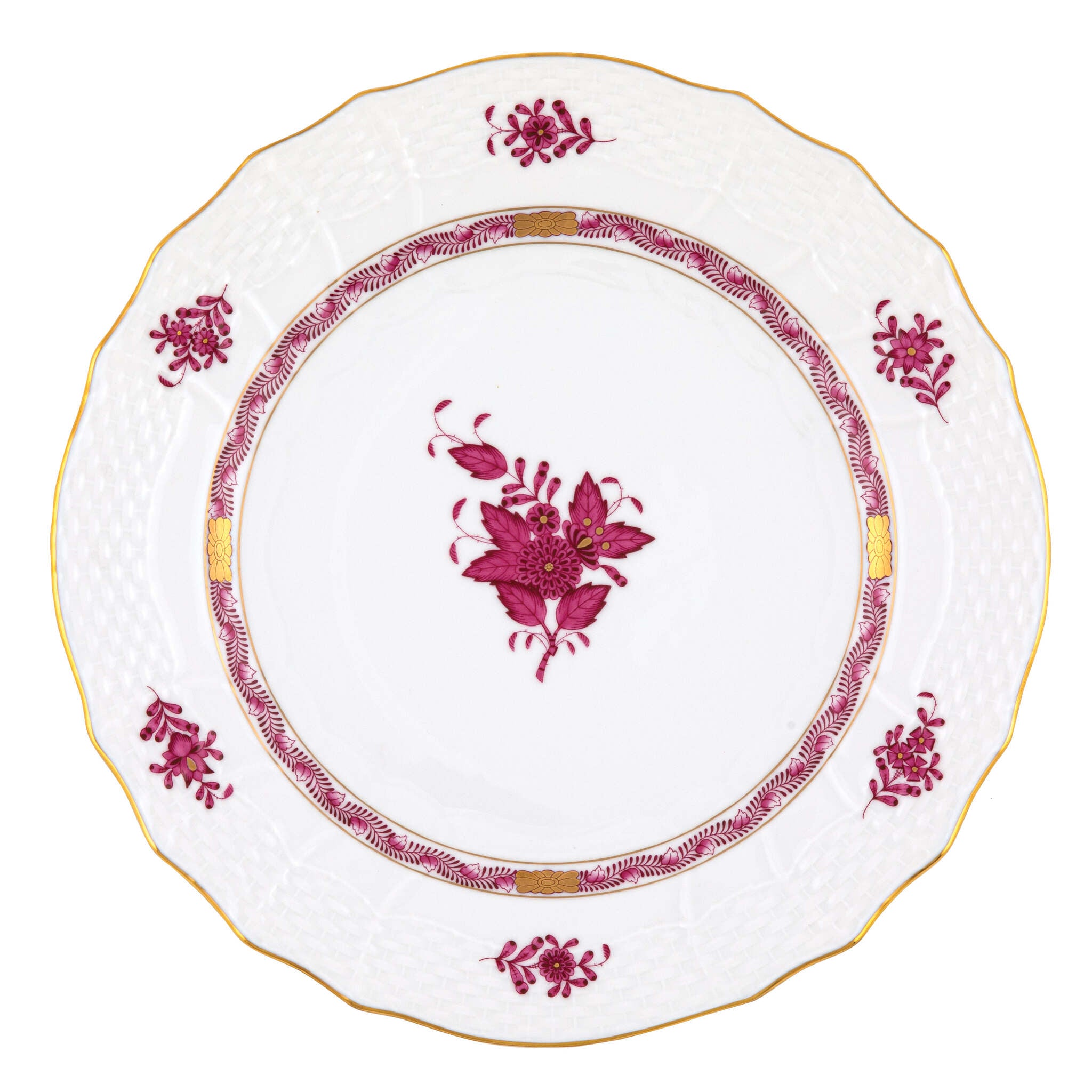 Hand-painted Herend Chinese Bouquet Raspberry Service Plate in fine porcelain, 11in D, on a white background