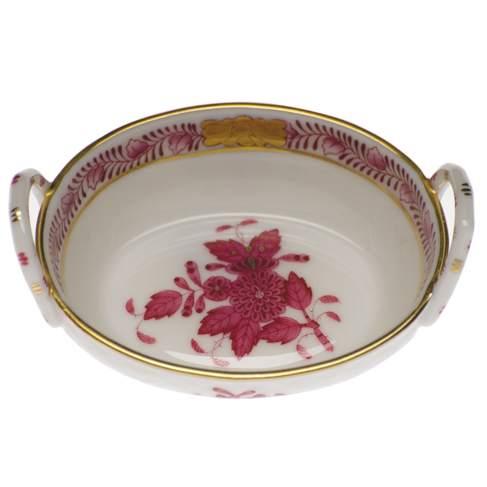 Hand-painted Herend Chinese Bouquet Raspberry Small Basket with Handles in fine porcelain, 2.75in L X 2.25in W, on a white background
