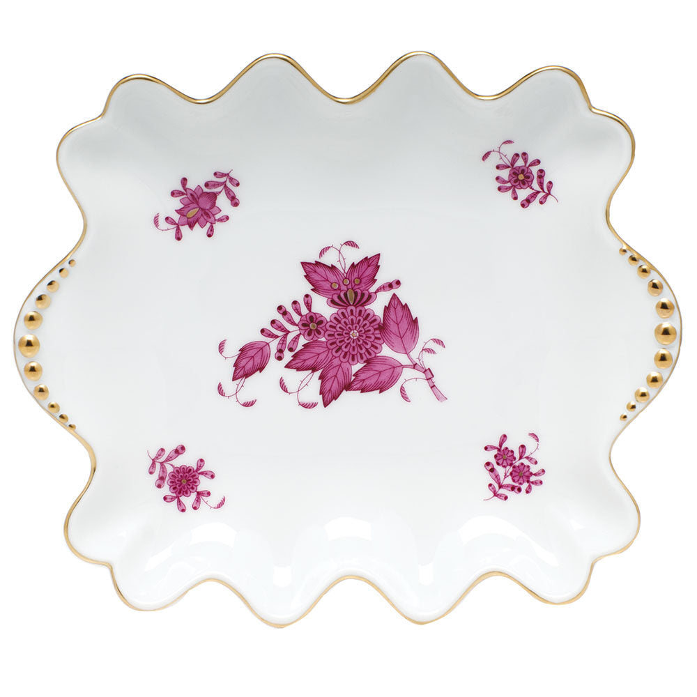 Hand-painted Herend Chinese Bouquet Raspberry Small Dish with Pearls Decorative Plate in fine porcelain, 5.75in L X 6.75in W, on a white background