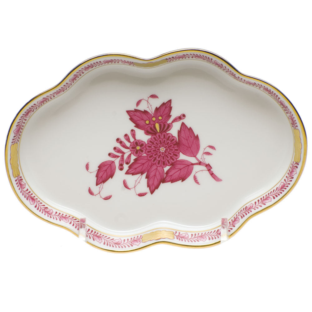 Hand-painted Herend Chinese Bouquet Raspberry Small Scalloped Tray Decorative Plate in fine porcelain, 5.5in L, on a white background
