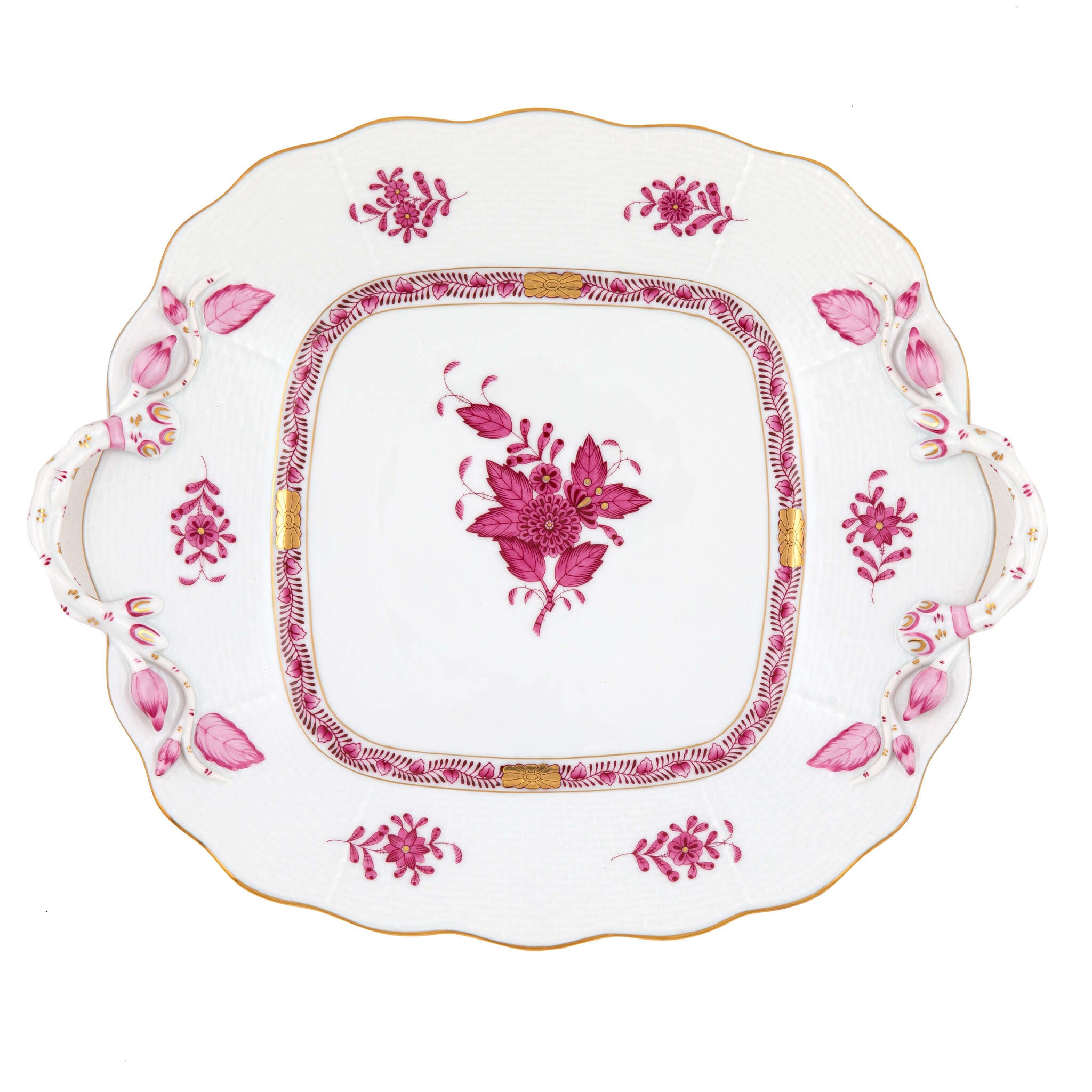 Hand-painted Herend Chinese Bouquet Raspberry Square Cake Plate with Handles in fine porcelain, 9.5in SQ, on a white background