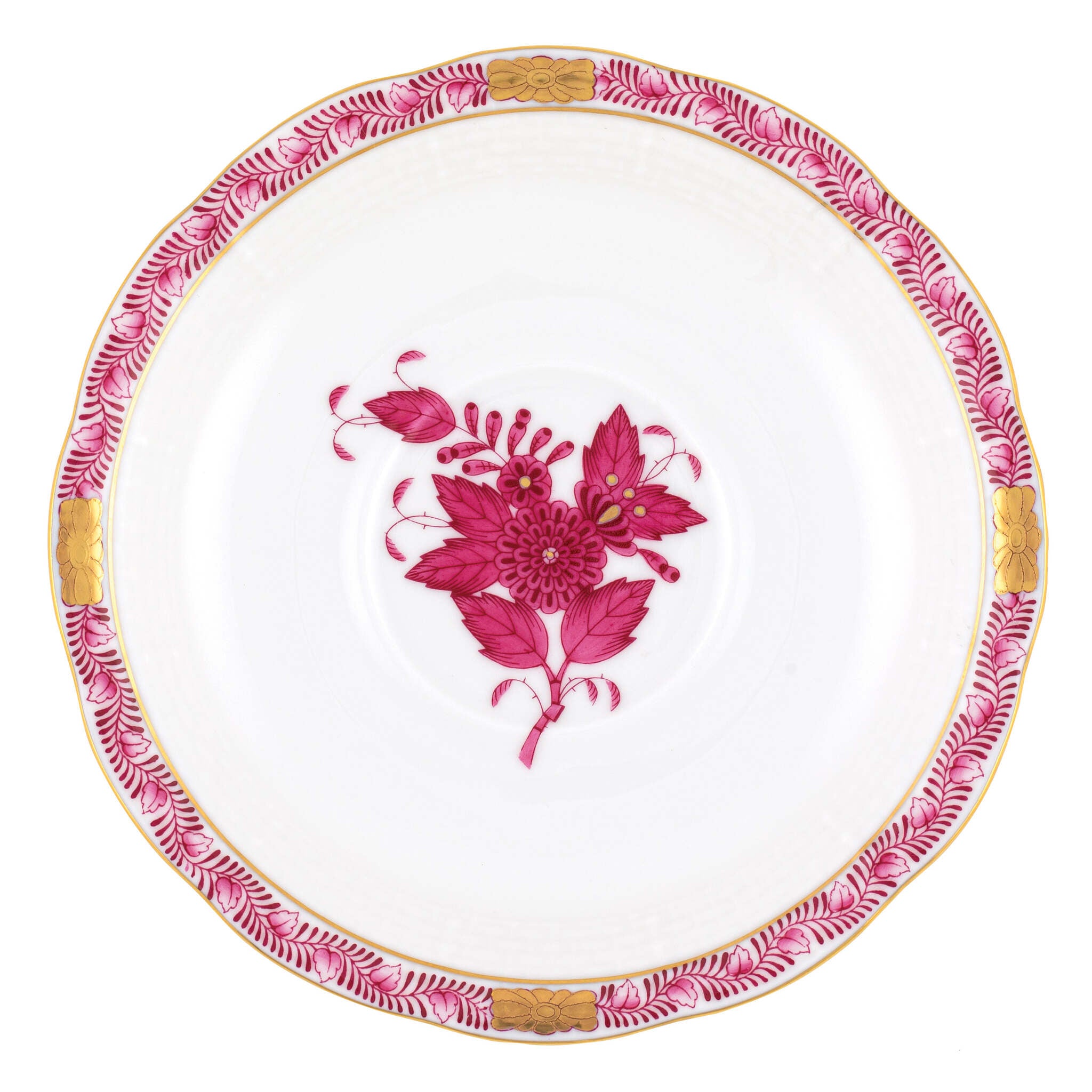 Hand-painted Herend Chinese Bouquet Raspberry Tea Saucer Cup & Saucer Set in fine porcelain, 6in D, on a white background