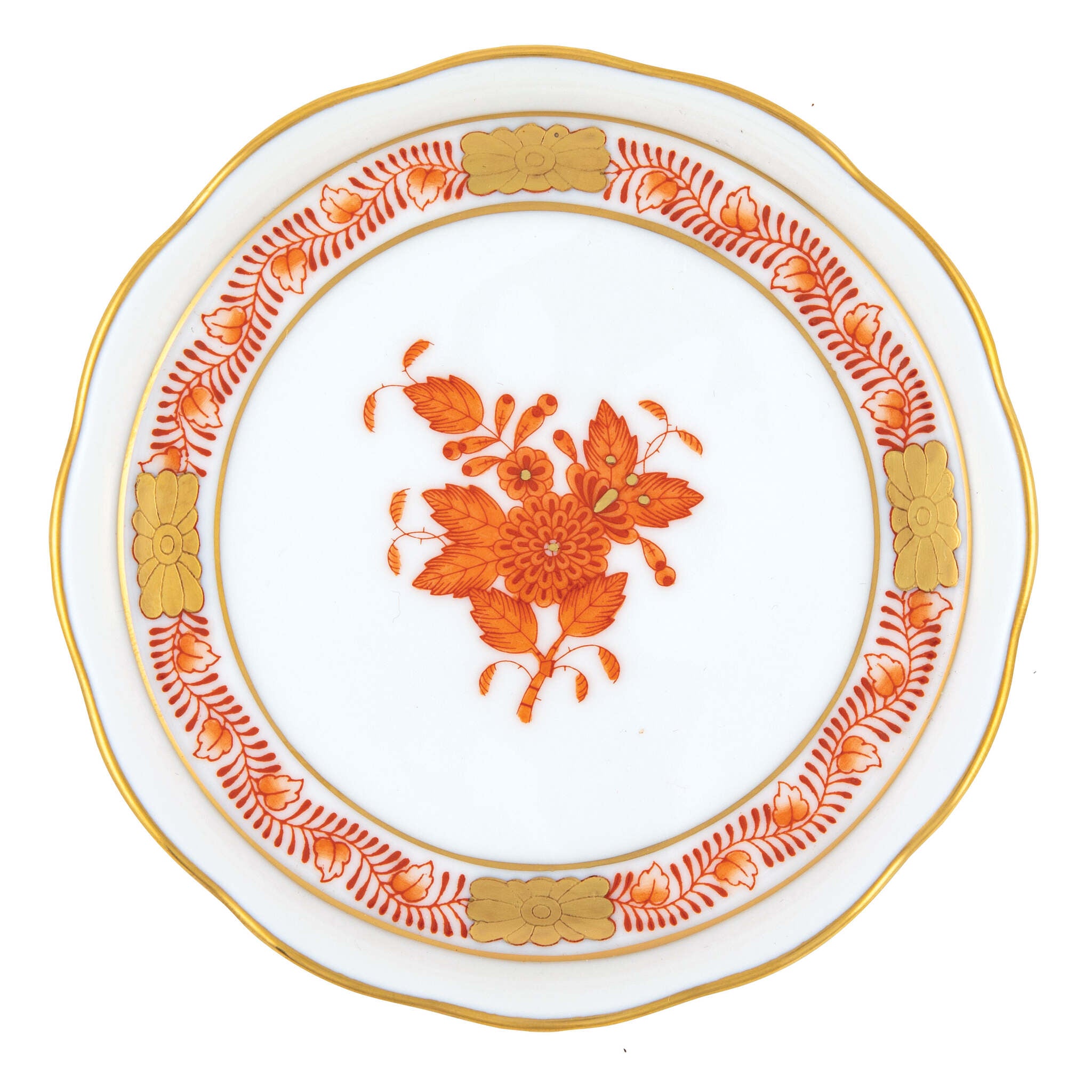 Hand-painted Herend Chinese Bouquet Rust Coaster in fine porcelain, 4in D, on a white background
