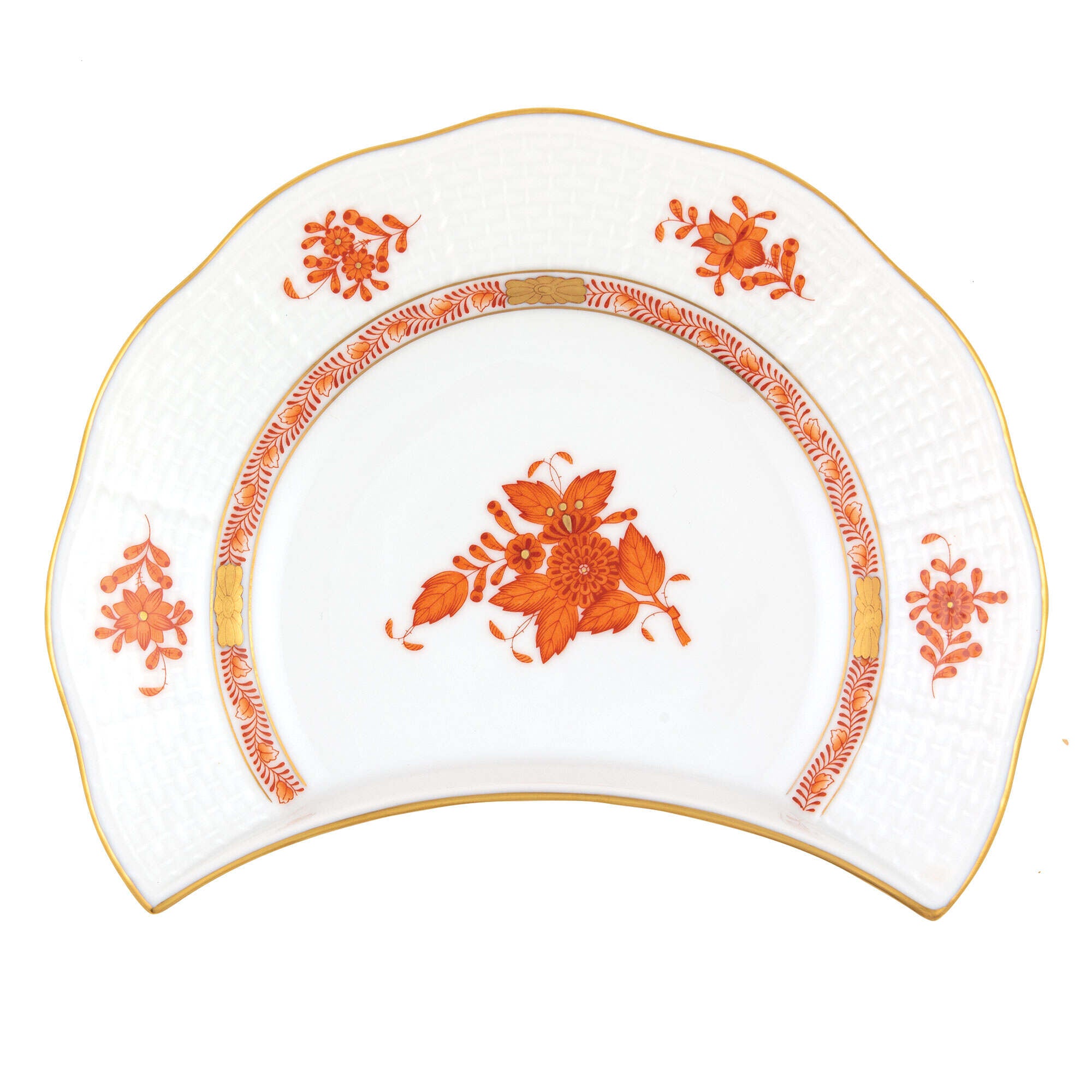 Hand-painted Herend Chinese Bouquet Rust Crescent Salad Salad Plate in fine porcelain, 7.25in L X 5in W, on a white background