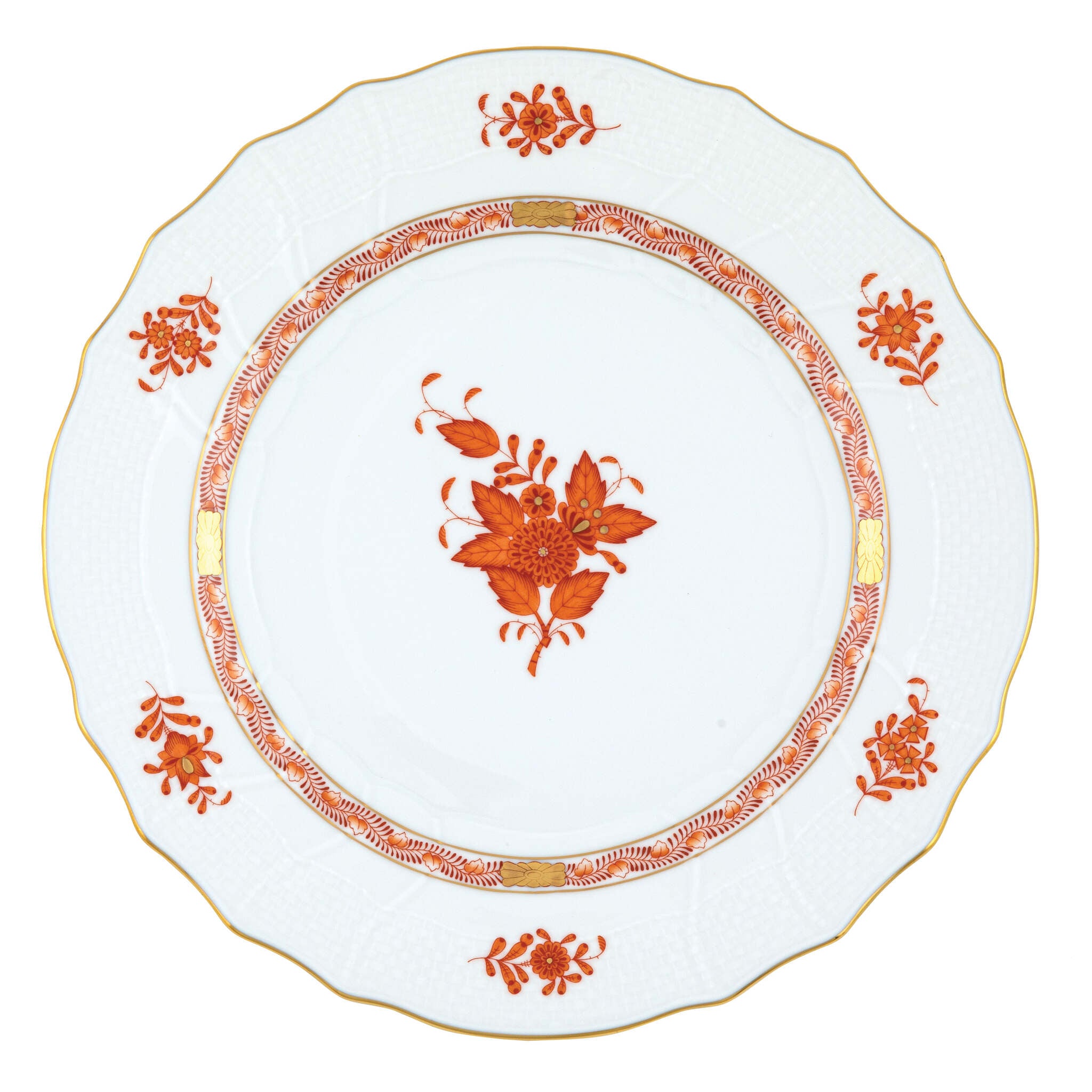 Hand-painted Herend Chinese Bouquet Rust Dinner Plate in fine porcelain, 10.5in D, on a white background