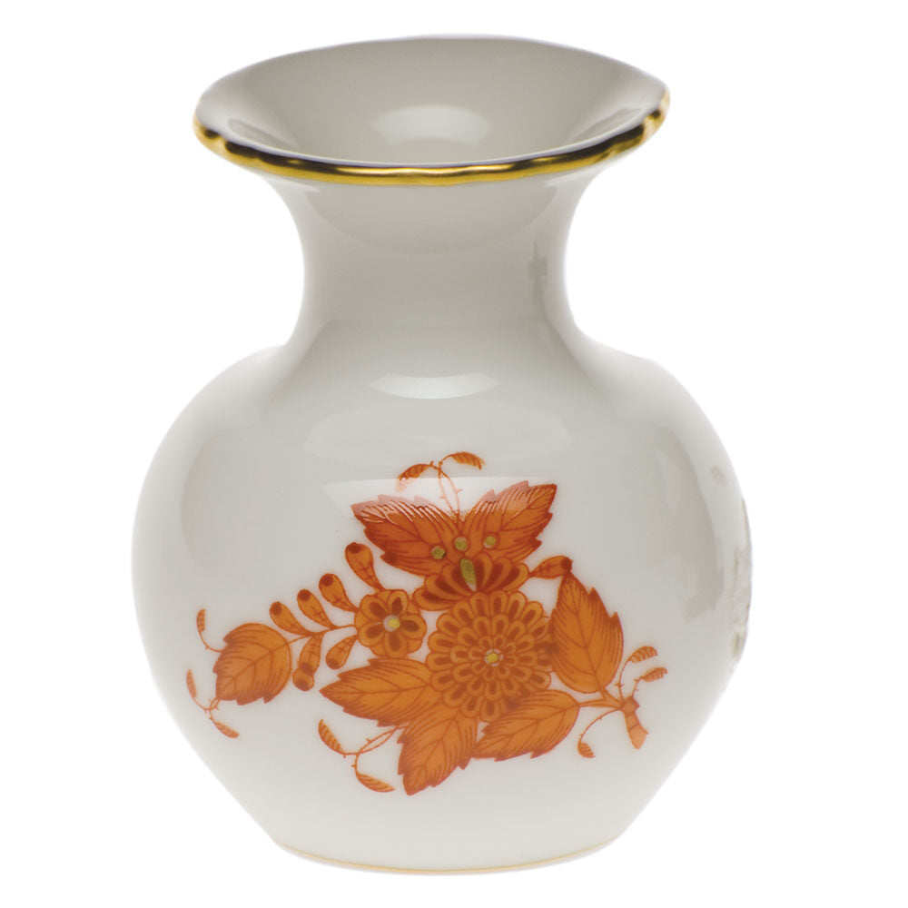 Hand-painted Herend Chinese Bouquet Rust Medium Bud Vase with Lip in fine porcelain, 2.25in L X 2.25in W X 2.75in H, on a white background