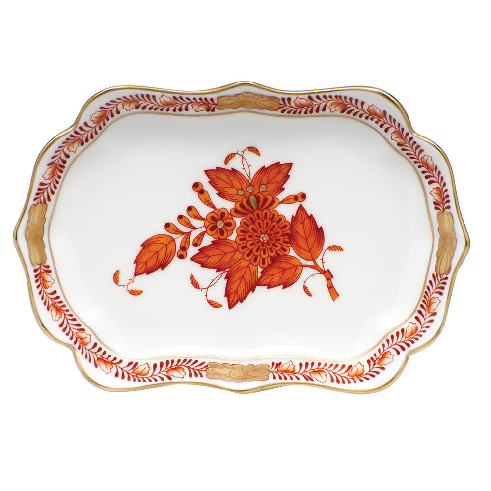 Hand-painted Herend Chinese Bouquet Rust Mini Scalloped Tray Decorative Plate in fine porcelain, 4.25in L X 3in W, on a white background