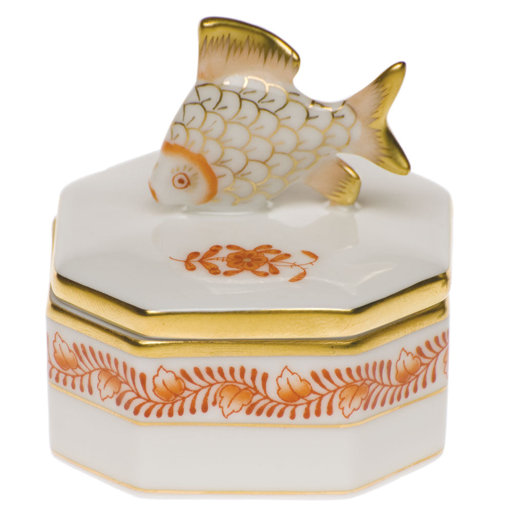 Hand-painted Herend Chinese Bouquet Rust Petite Octagonal Box in fine porcelain, 2in L X 2in H, on a white background