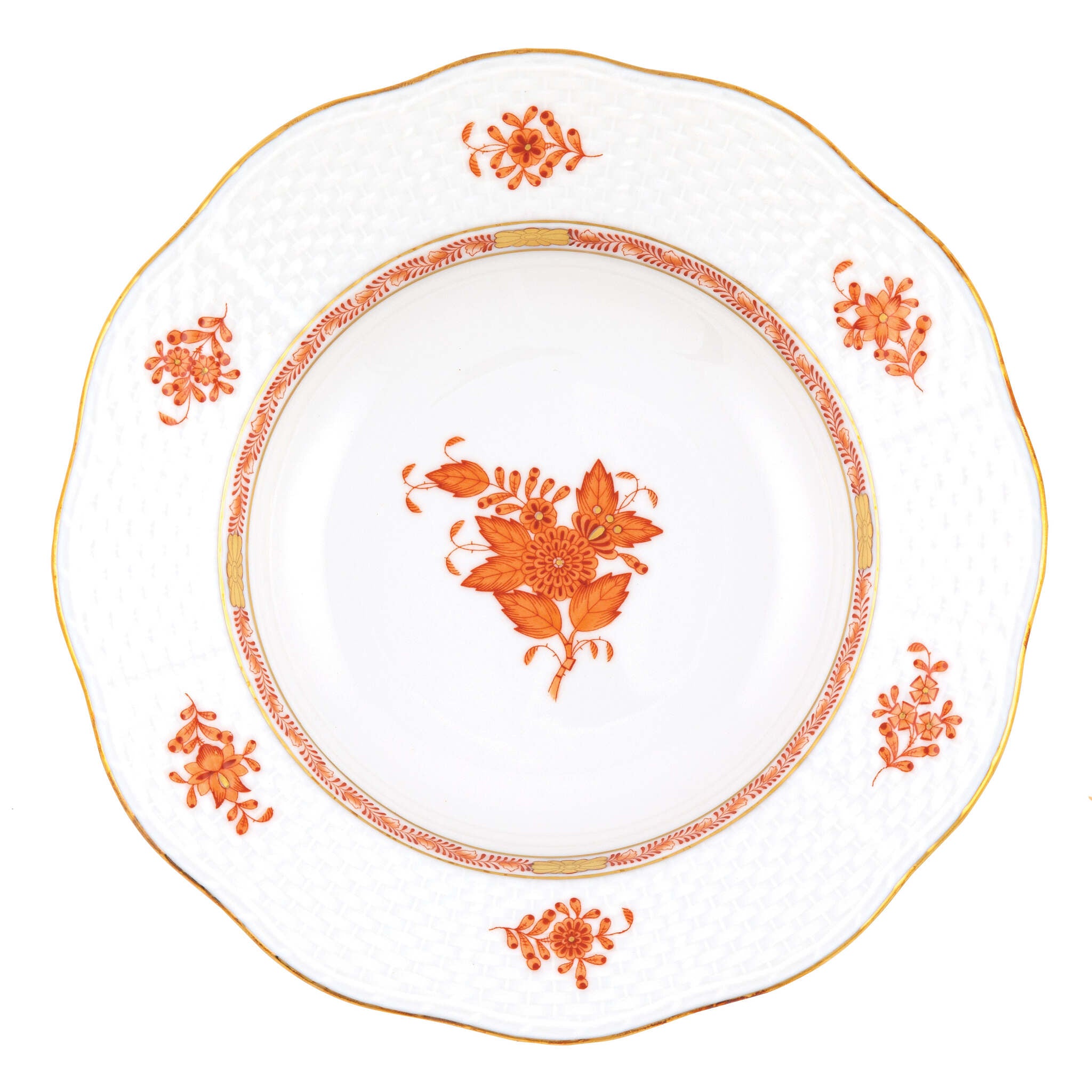 Hand-painted Herend Chinese Bouquet Rust Rim Soup Plate Soup Plates & Rimmed Soup Bowl in fine porcelain, 8in D, on a white background