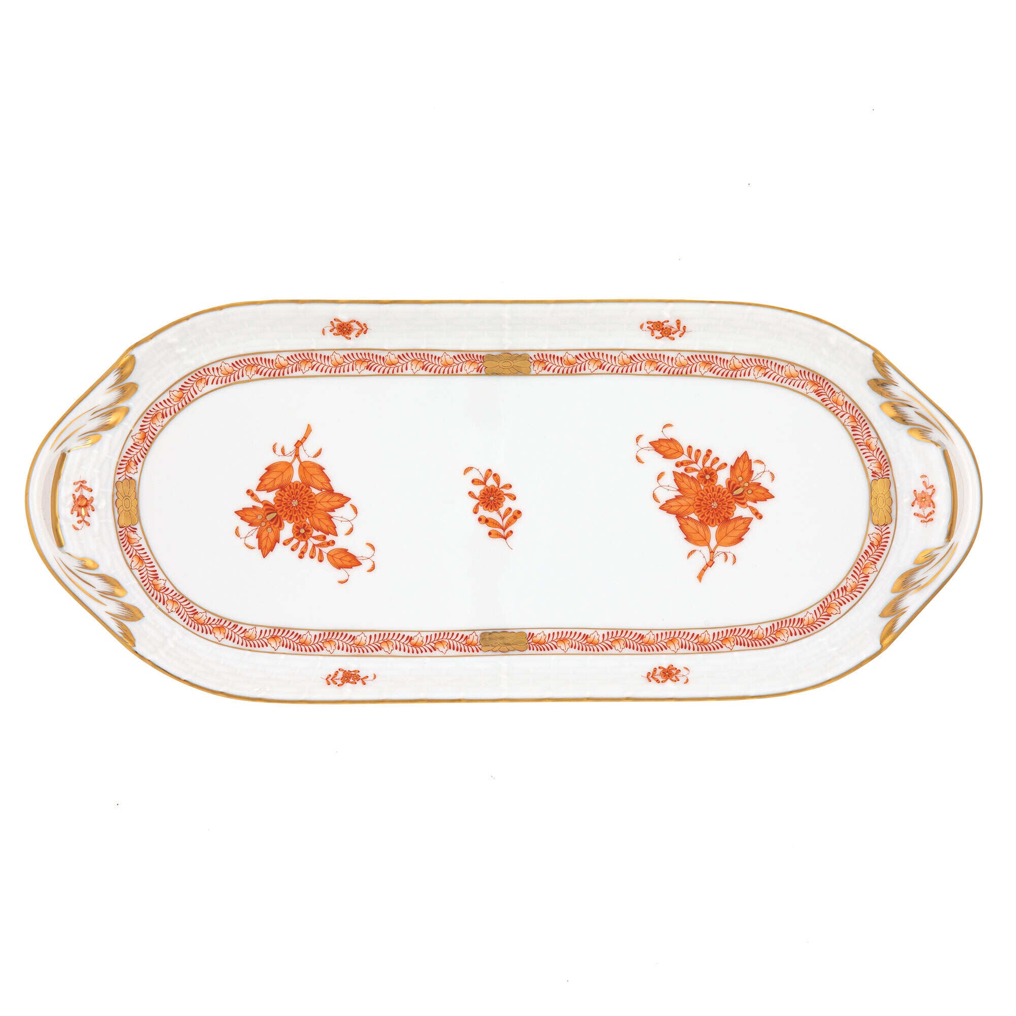 Hand-painted Herend Chinese Bouquet Rust Sandwich Tray in fine porcelain, 14.5in L X 6in W, on a white background