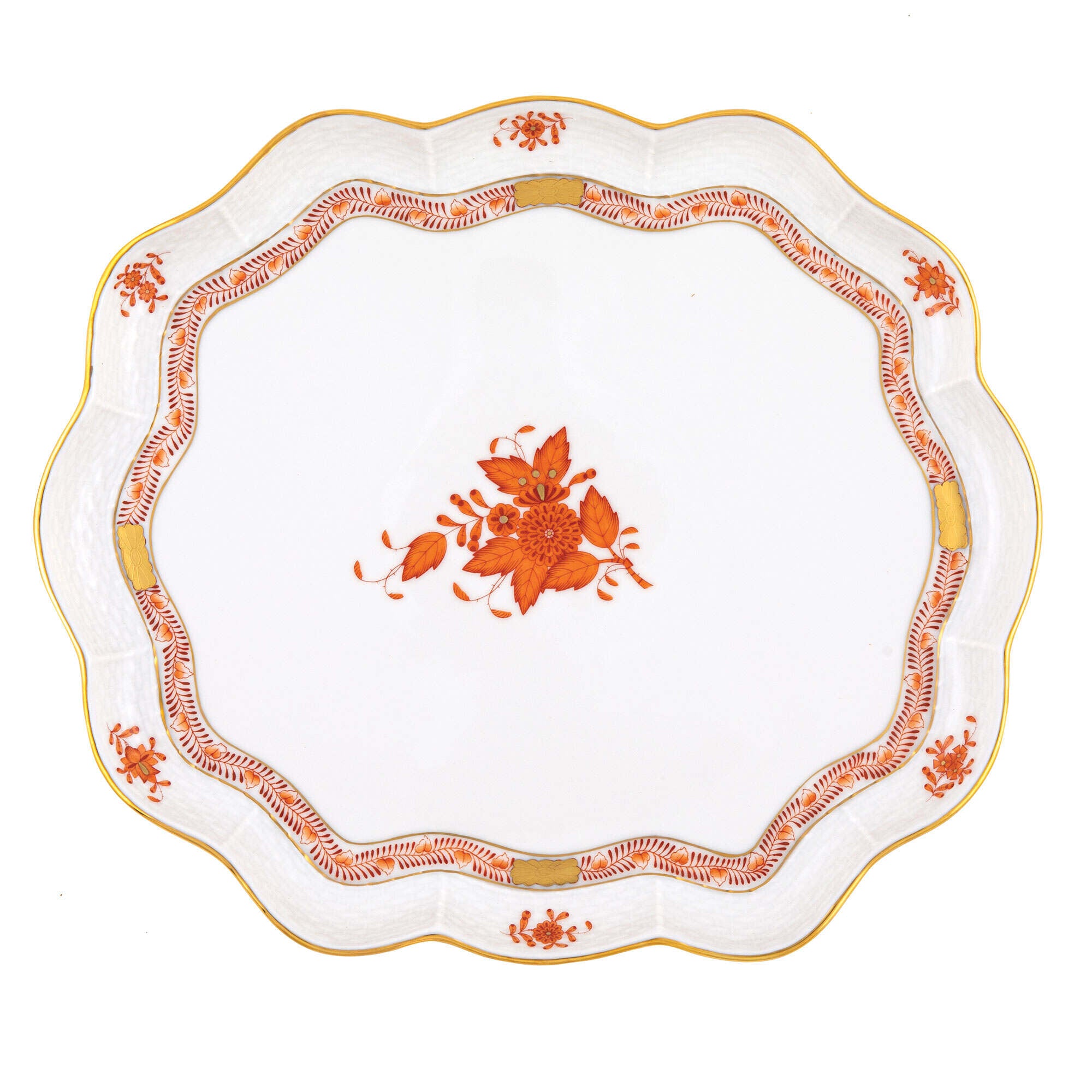 Hand-painted Herend Chinese Bouquet Rust Scallop Tray in fine porcelain, 11.25in L X 9.5in W, on a white background