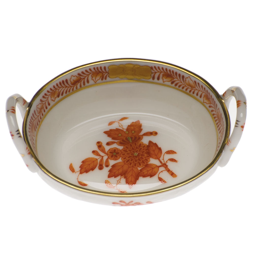 Hand-painted Herend Chinese Bouquet Rust Small Basket with Handles in fine porcelain, 2.75in L X 2.25in W, on a white background