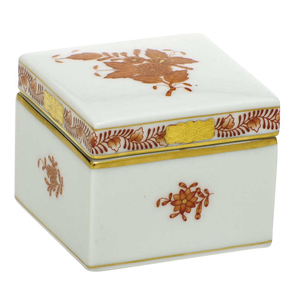 Hand-painted Herend Chinese Bouquet Rust Square Box in fine porcelain, 2.25in L X 2.25in W X 2in H, on a white background