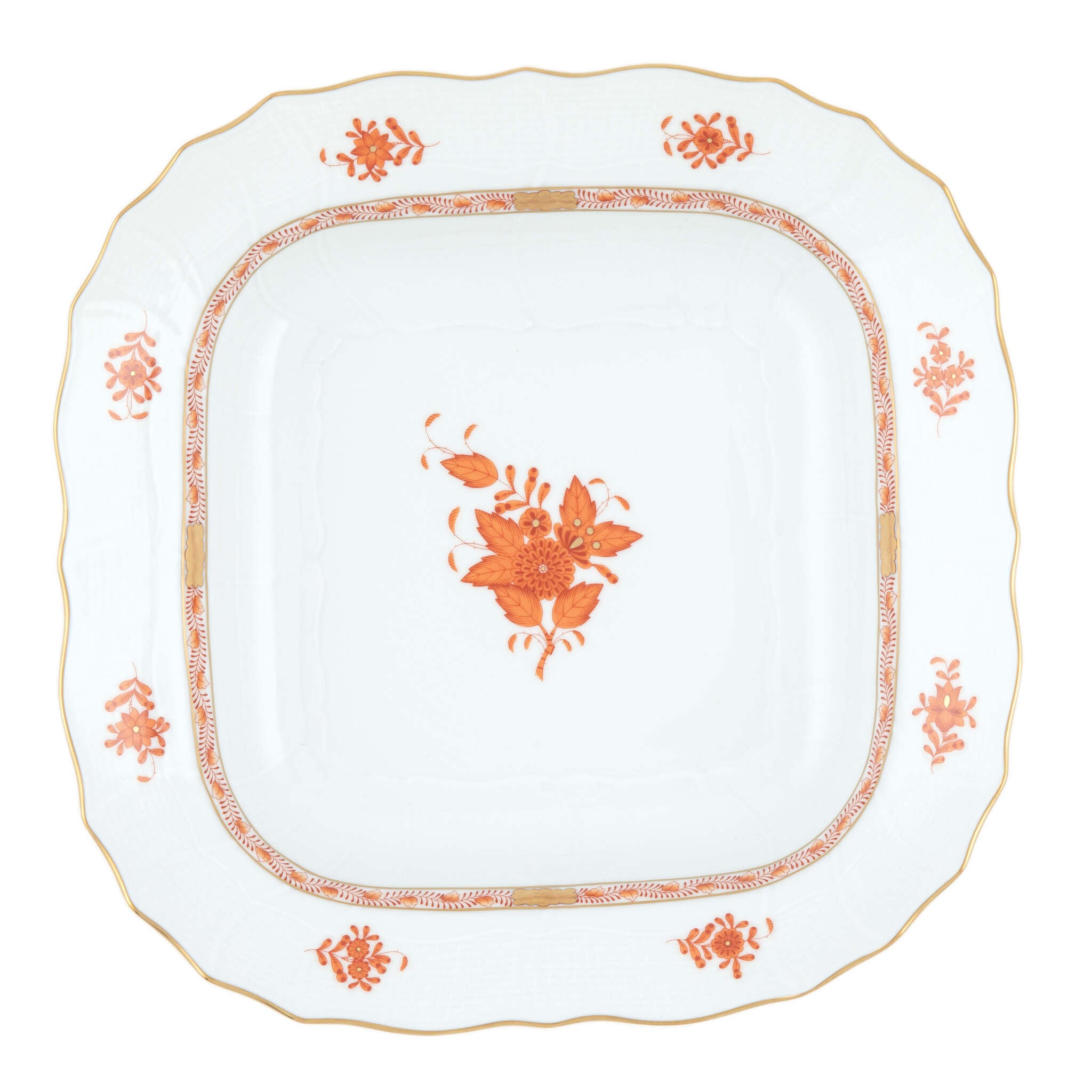 Hand-painted Herend Chinese Bouquet Rust Square Fruit Dish in fine porcelain, 11in SQ, on a white background
