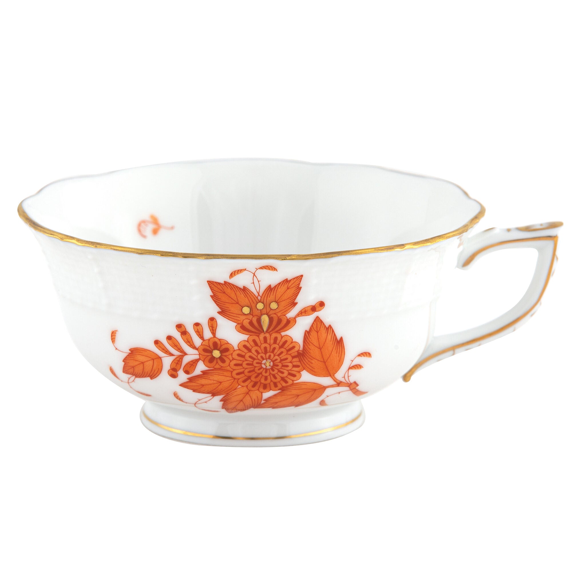 Hand-painted Herend Chinese Bouquet Rust Tea Cup Cup & Saucer Set in fine porcelain, on a white background